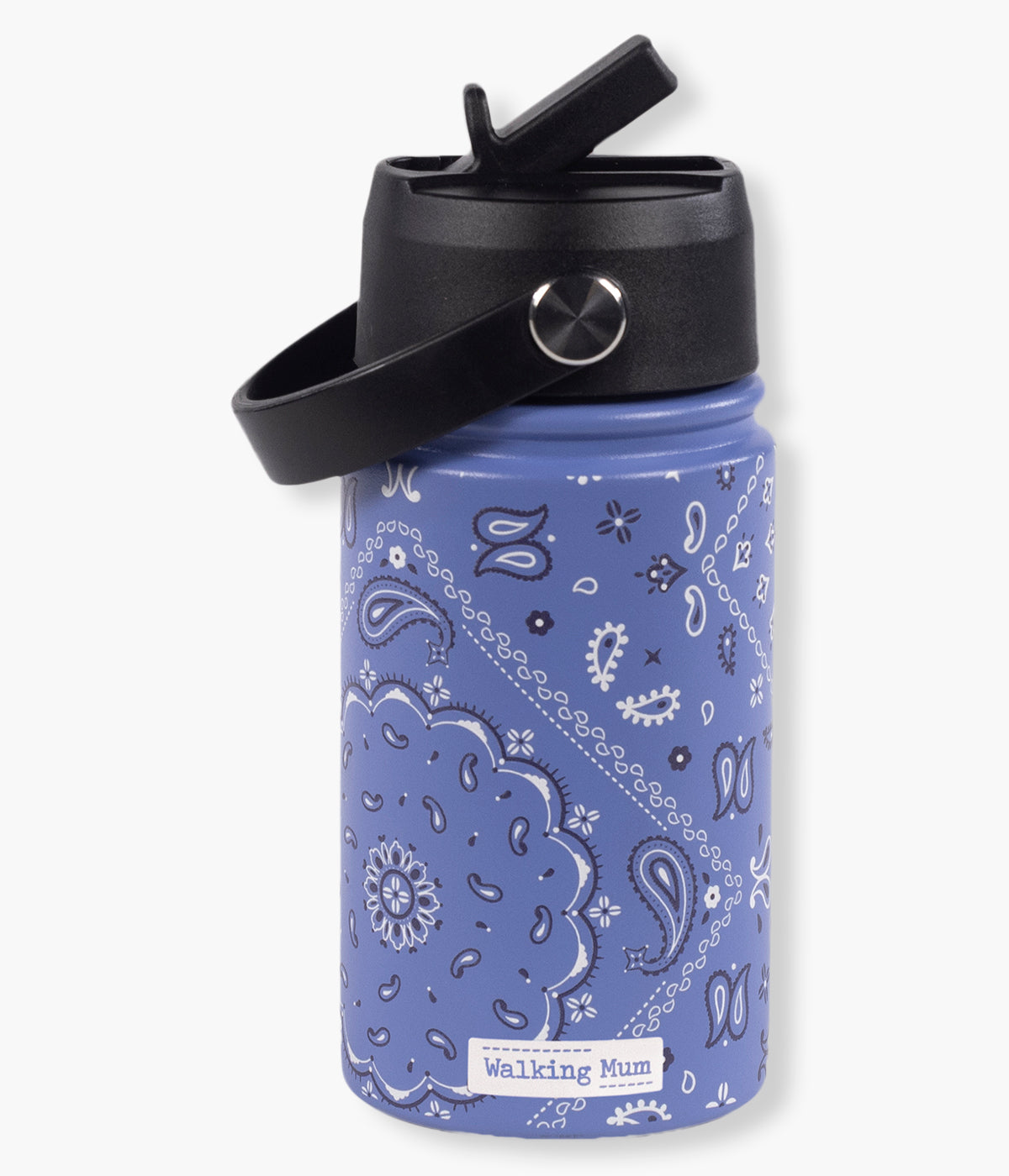 Vista de frente da garrafa térmica Summer Bandana da Walking Mum. Prática garrafa com capacidade para 350ml, perfeita para manter as bebidas do seu bebé à temperatura ideal durante passeios, dias de praia ou aventuras em família.