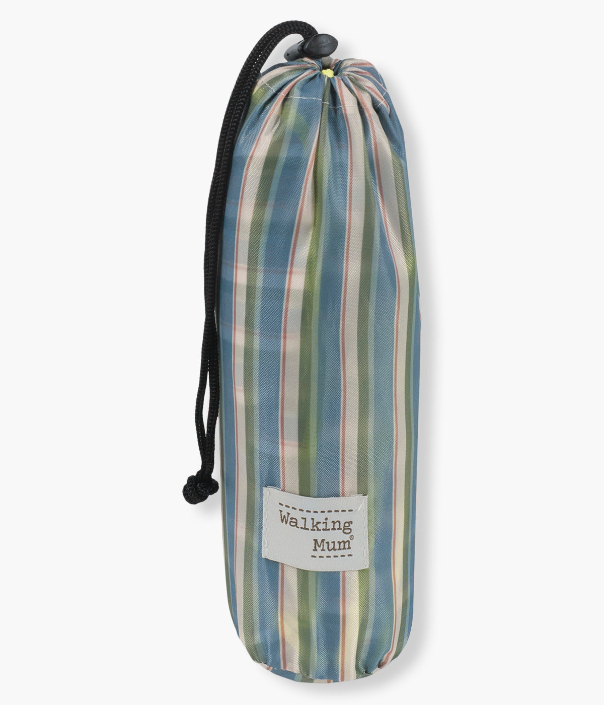 Vista fechada da toalha de microfibra Summer Strips da Walking Mum. Perfeita para a praia, piscina ou passeios de verão. Leve, compacta e de secagem rápida, oferece conforto, praticidade e proteção solar FPS/SPF 50+ para acompanhar todas as aventuras ao ar livre.
