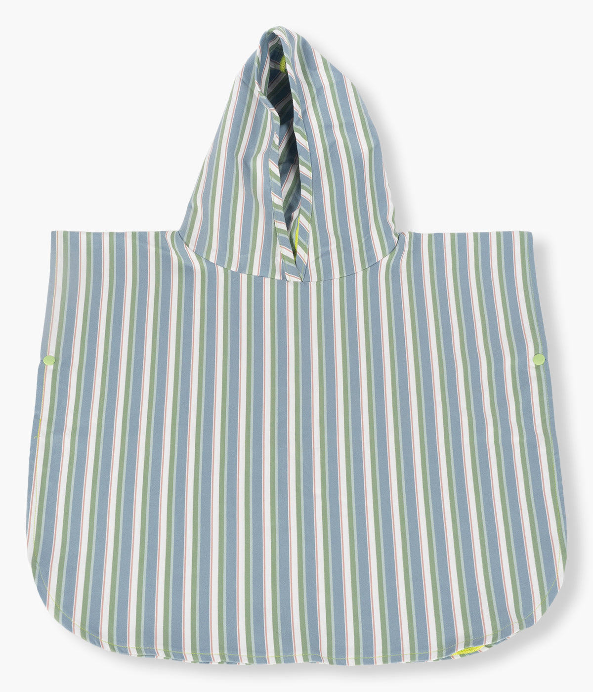 Vista frontal do poncho de microfibra Summer Strips da Walking Mum. Peça ideal para depois do banho na praia ou piscina, este poncho com padrão riscas é leve, suave e de secagem rápida. Envolve o bebé com conforto e proteção solar FPS/SPF 50+, garantindo bem-estar e segurança.