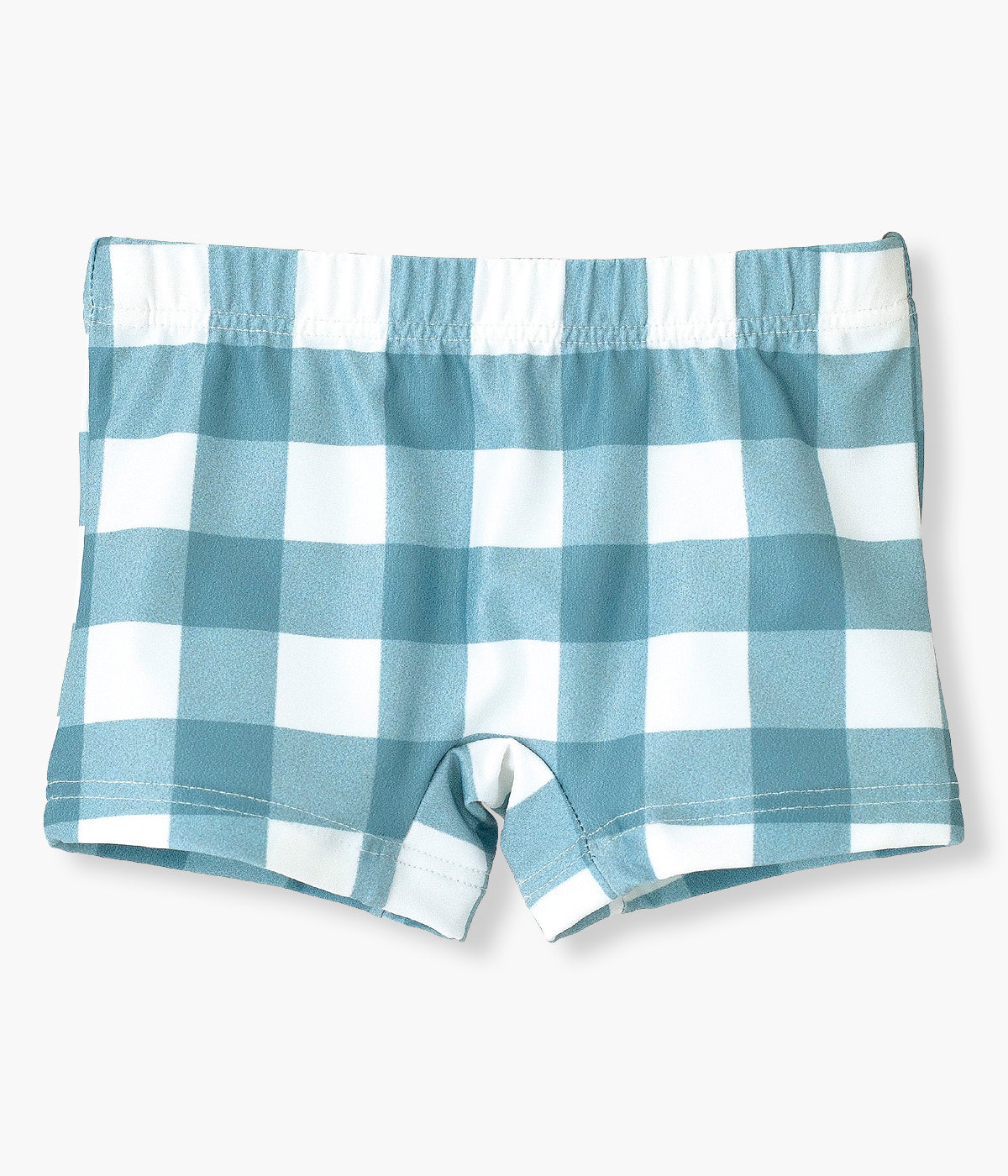 Vista de ftente do calção de banho da Calamaro Baby para bebé menino e recém‑nascido. Prático calção de banho com padrão vichy em azul-turquesa e branco.