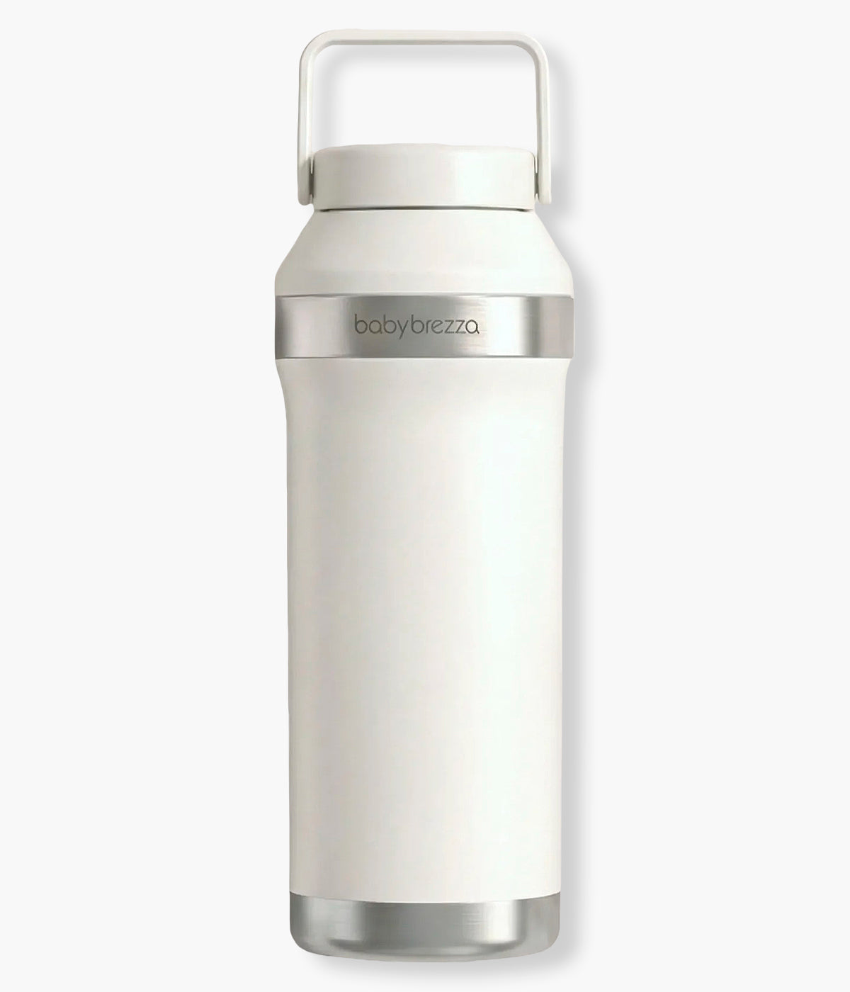 Vista de frente do refrigerador portátil de leite Materno Baby Brezza All-day Breastmilk Portable Cooler. Prática garrafa térmica com capacidade de 600ml que mantém o leite materno frio até 24 horas, garantindo conservação segura durante todo o dia. Prático, compacto e ideal para mães que extraem leite em casa, no trabalho ou em viagem.