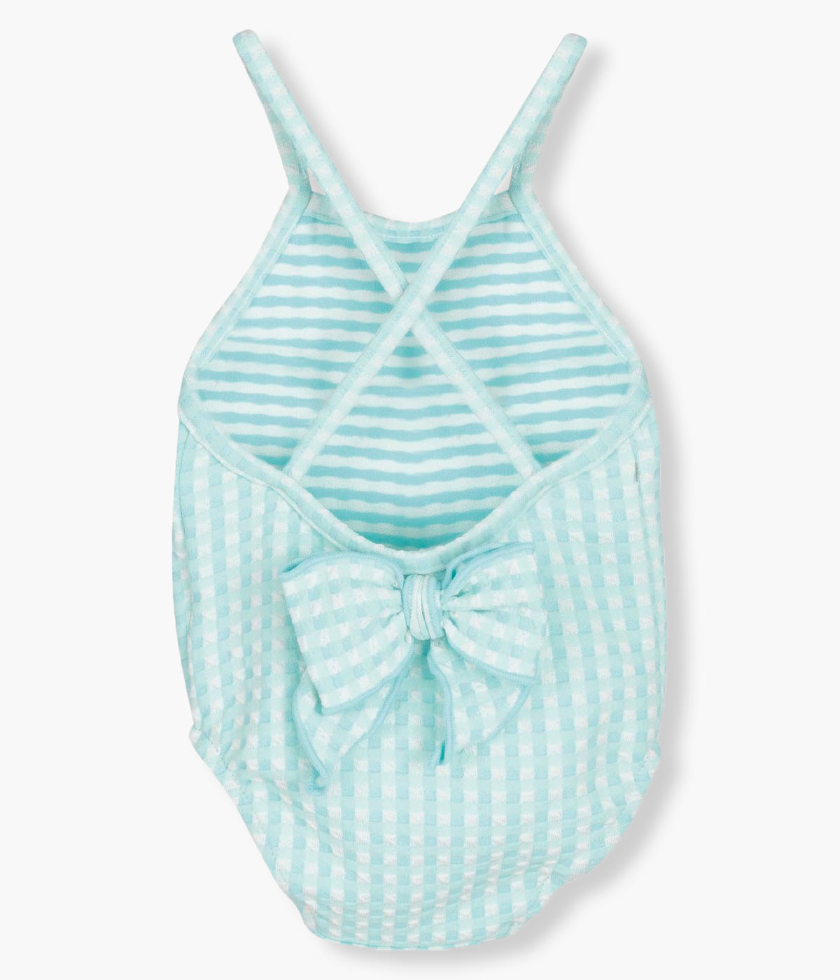 Vista de costas do fato de banho da Calamaro Baby para bebé menina e recém‑nascida. Elegante fato de banho com padrão vichy verde e branco e laço nas costas.