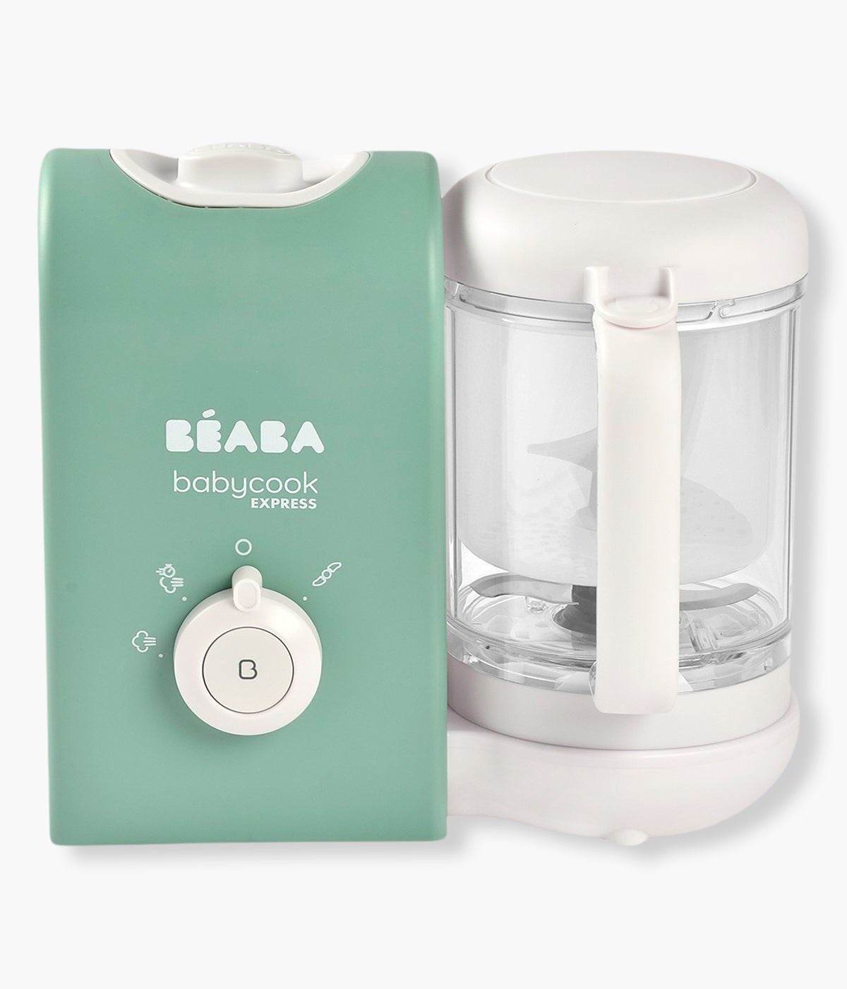Vista frontal do robô de cozinha para bebé Babycook Express da Béaba na cor Sage Green (verde). Descubra o robô de cozinha infantil mais rápido da gama Beabá. Com funções de cozinhar a vapor, triturar, descongelar e aquecer, prepara refeições caseiras para o bebé em menos de 15 minutos. A sua tecnologia exclusiva de cozedura e mistura garante resultados homogéneos, preservando os nutrientes e os sabores naturais dos alimentos.