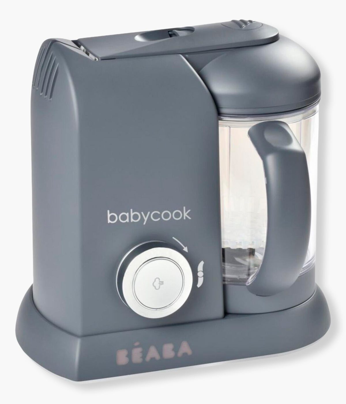 Vista lateral do Robô de cozinha para bebé 4 em 1 Baby Cook Solo da Béaba na cor Dark Grey. Robô de cozinha 4 em 1 que cozinha a vapor, tritura, descongela e aquece alimentos.