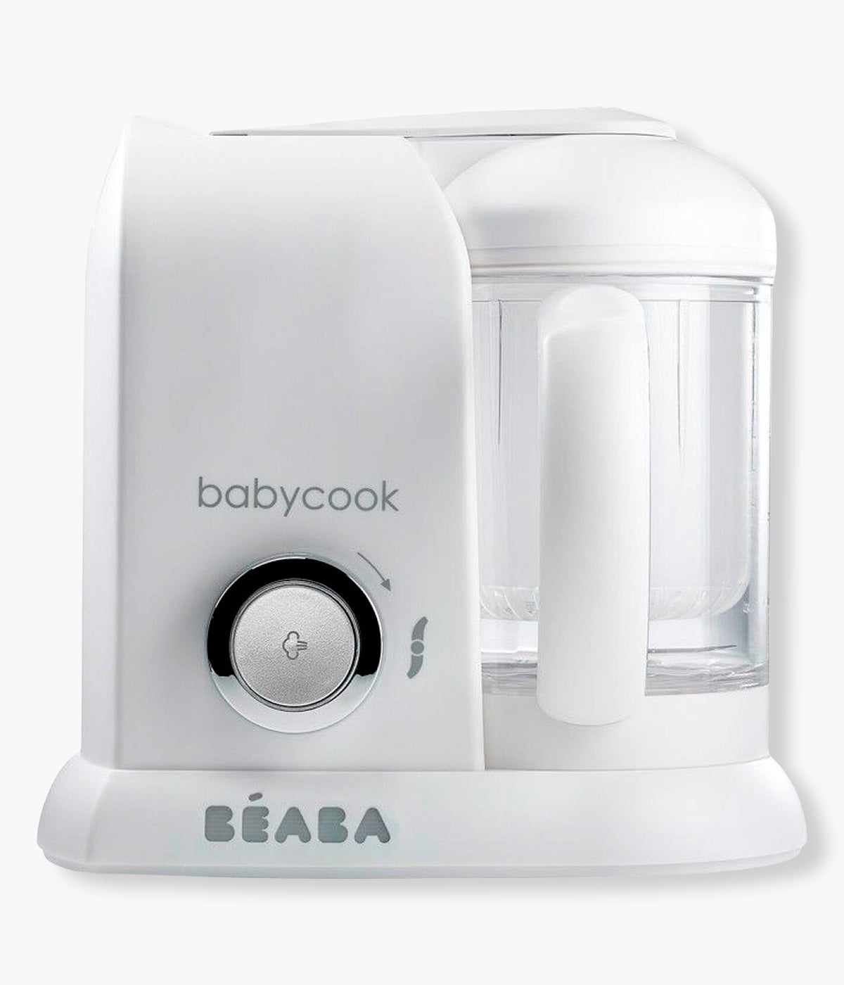 Vista frontal do robô de cozinha para bebé 4 em 1 Baby Cook Solo da Béaba na cor White Silver. Robô de cozinha 4 em 1 que cozinha a vapor, tritura, descongela e aquece alimentos. Com uma taça XL de 1100 ml e um funcionamento simples através de um único botão, permite preparar refeições caseiras saudáveis para o bebé de forma rápida, prática e sem complicações.
