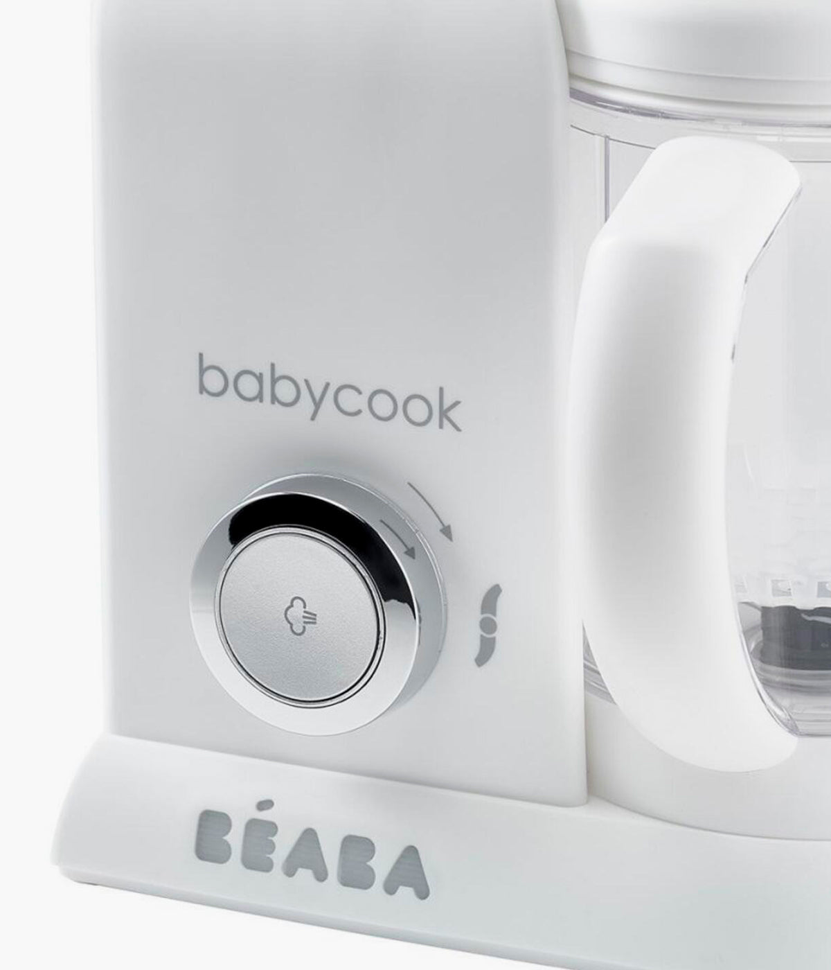 Vista detalhada do robô de cozinha para bebé 4 em 1 Baby Cook Solo da Béaba na cor White Silver.