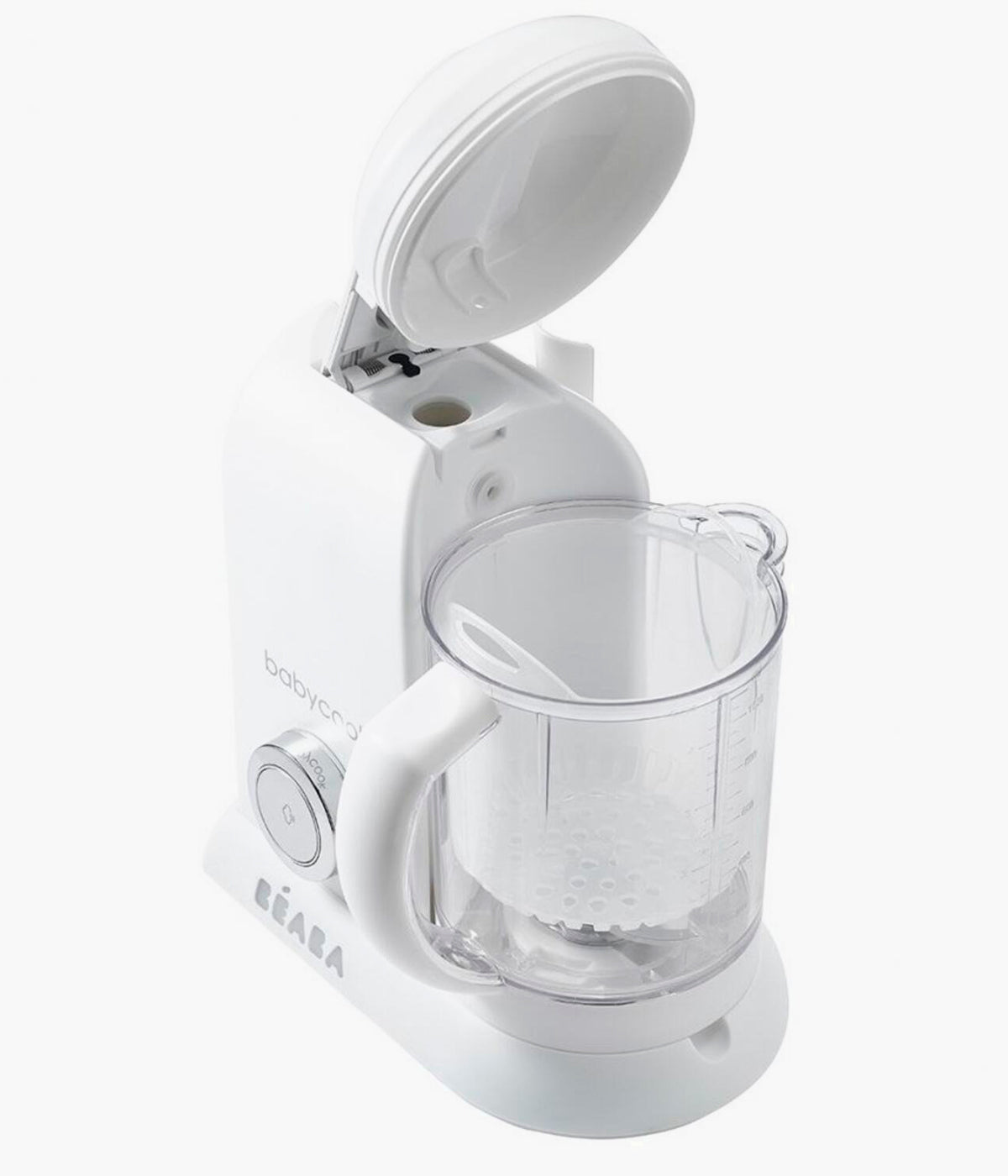 Vista frontal e aberto do robô de cozinha para bebé 4 em 1 Baby Cook Solo da Béaba na cor White Silver.