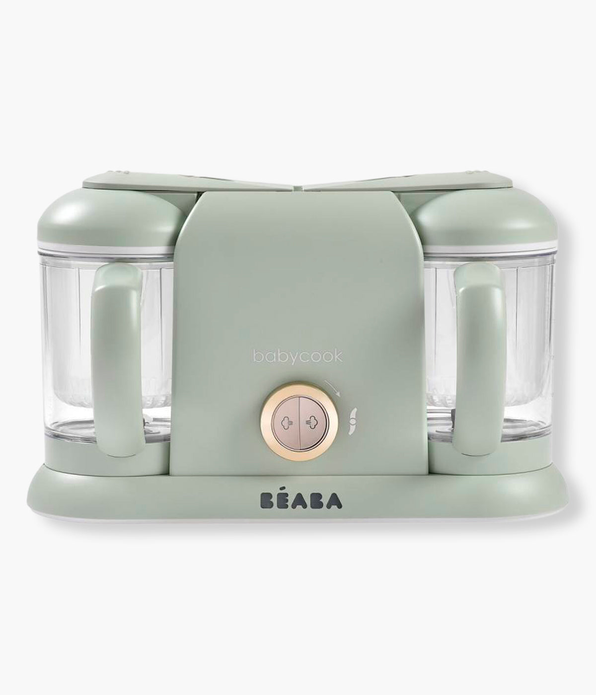 Vista frontal do Robô de Cozinha Babycook Duo da Béaba na cor Misty Green (verde). Robô de cozinha infantil multifunções 6 em 1 que cozinha a vapor, tritura, descongela, aquece refeições, aquece biberões e esteriliza acessórios. Com duas taças independentes e capacidade XXL, permite preparar duas receitas em simultâneo de forma prática, rápida e eficiente.