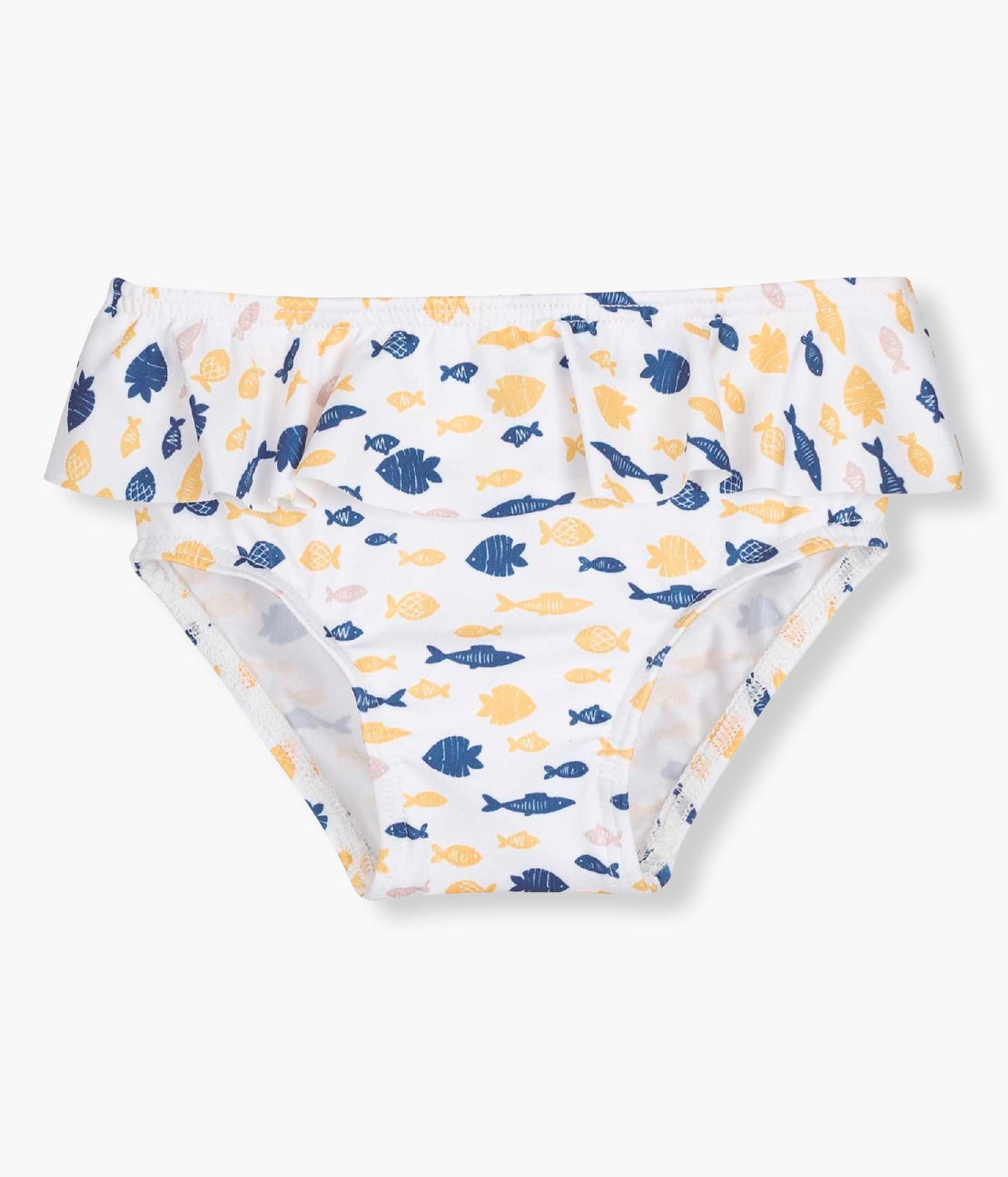 Vista frontal da cueca de banho da Calamaro Baby para bebé menina e recém‑nascida. Divertida cueca de banho com folho e padrão peixes e tons de azul, bege e amarelo.
