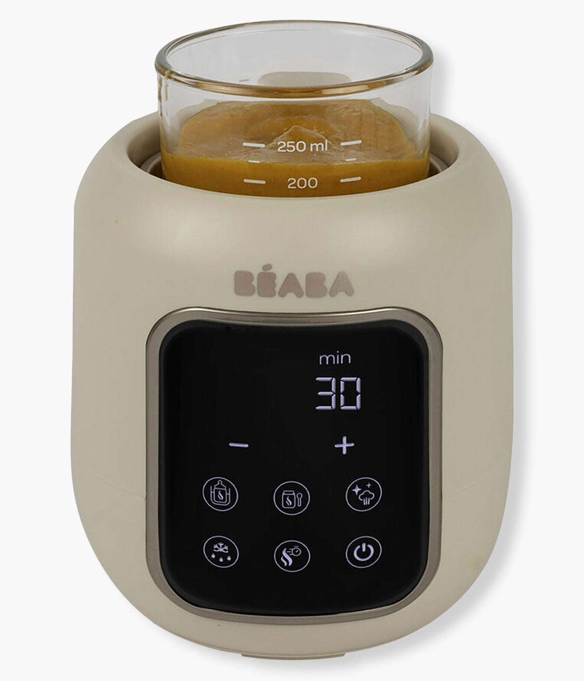 Vista frontal do Aquecedor de biberões Multi Milk da Béaba na cor Clay Earth (bege) a aquecer papa do bebé.