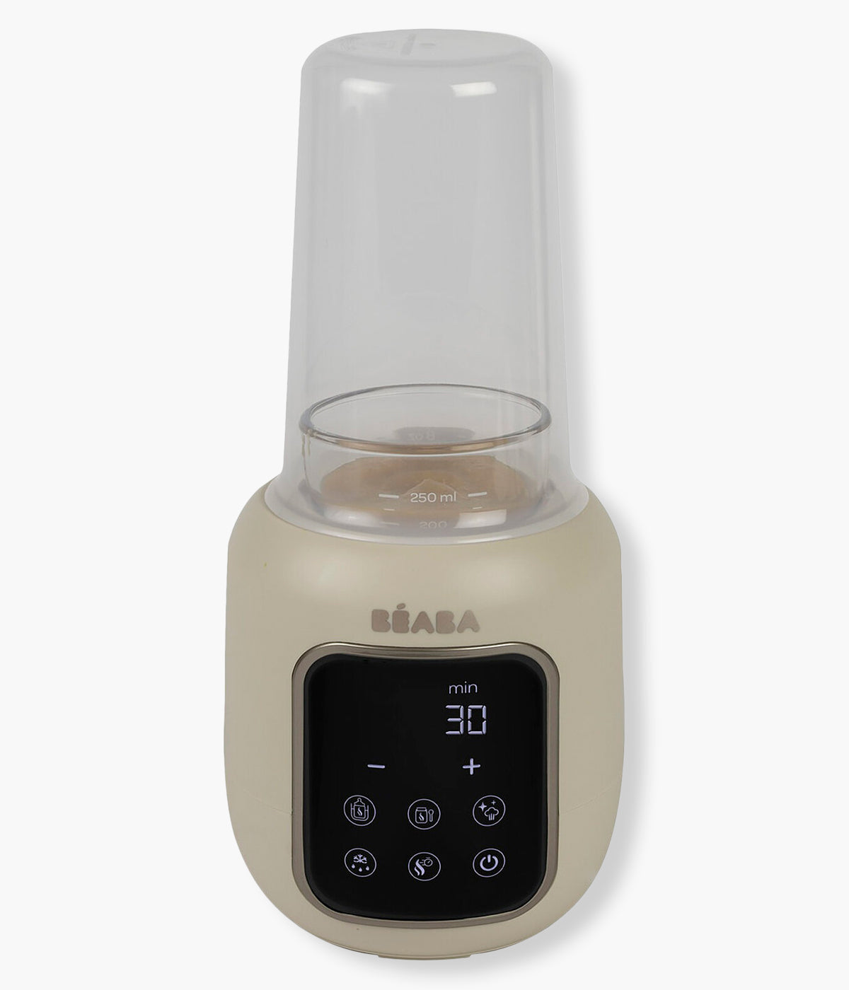 Vista frontal do Aquecedor de biberões Multi Milk da Béaba na cor Clay Earth (bege). Prático aquecedor e esterilizador multifunções com 5 programas integrados que permitem aquecer biberões e boiões, descongelar leite materno e esterilizar acessórios de forma prática, rápida e segura. O ecrã tátil intuitivo e o aquecimento homogéneo tornam a rotina diária mais simples.