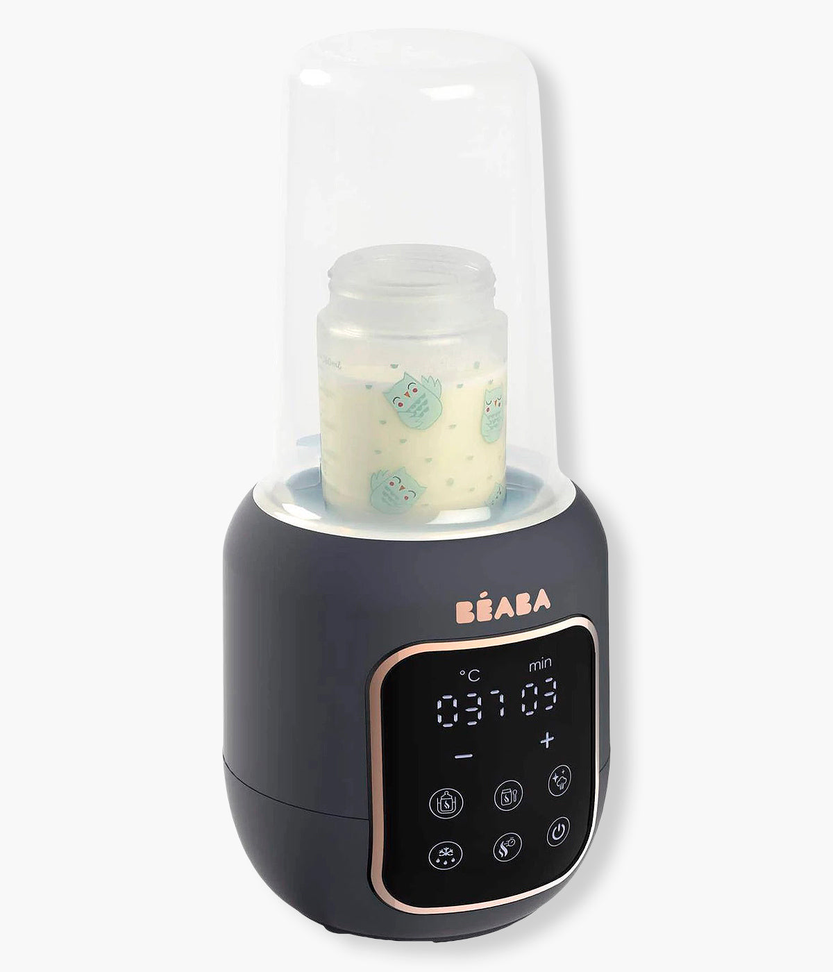 Vista frontal do aquecedor de biberões Multi Milk da Béaba na cor Night Blue (azul índigo).