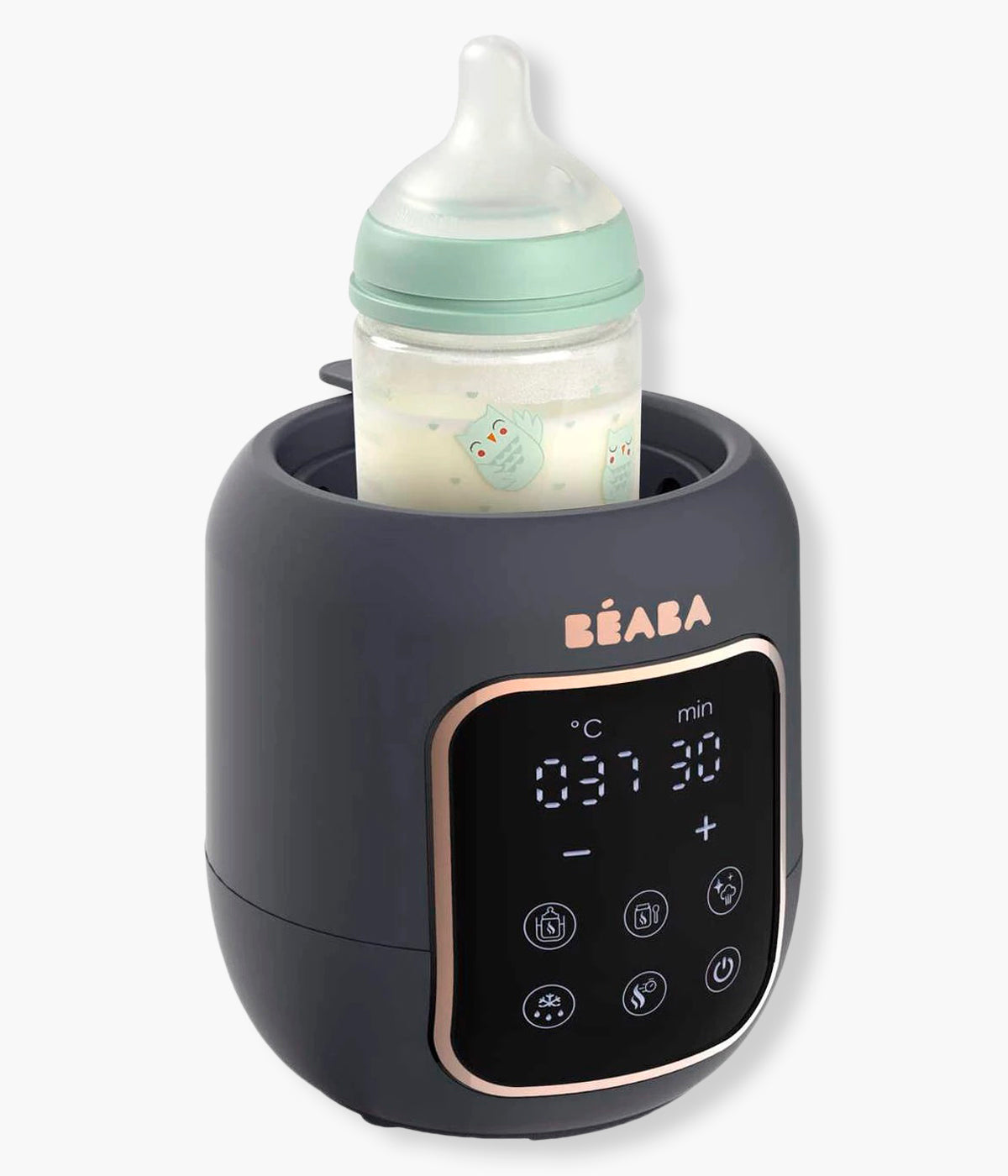 Vista frontal do aquecedor de biberões Multi Milk da Béaba na cor Night Blue (azul índigo) com biberão inserido.