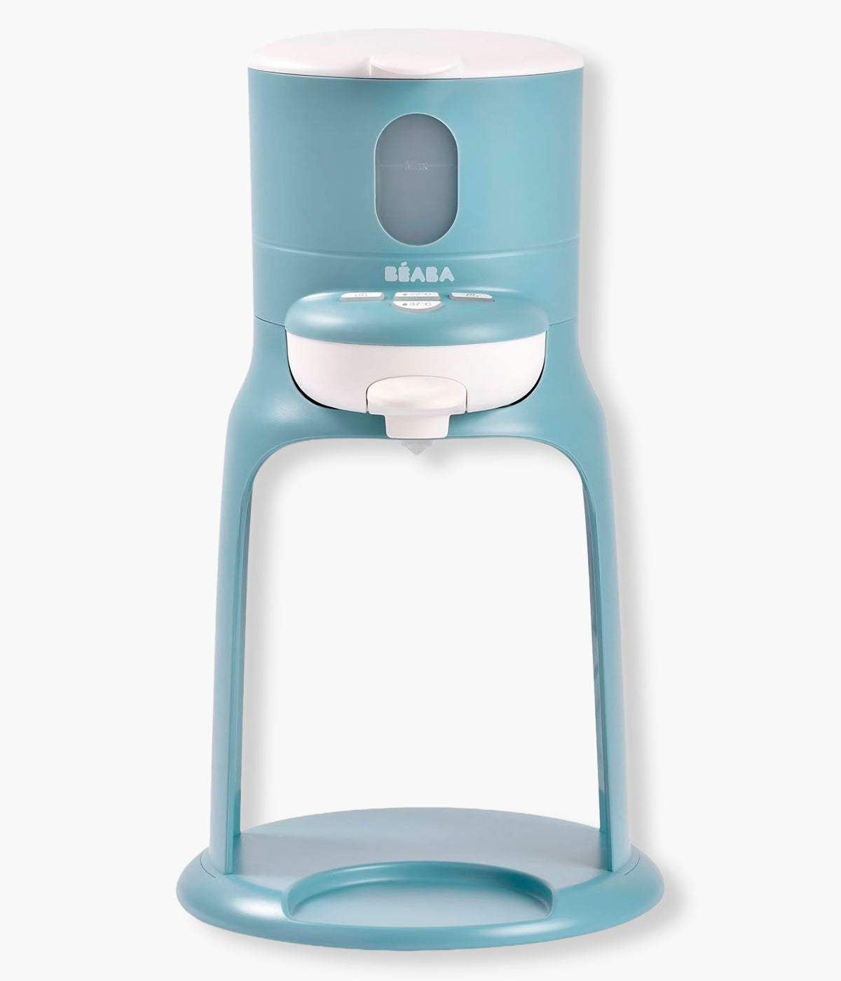 Vista frontal do aquecedor de água para biberões Bib'Expresso da Béaba na cor Baltic Blue (azul). Prático aparelho que aquece rapidamente a água à temperatura ideal em apenas 30 segundos, com funcionamento intuitivo e utilização com uma só mão, permitindo preparar biberões de forma simples e precisa. Inclui ainda função banho-maria para aquecer biberões já preparados e boiões de comida, num design compacto e fácil de transportar.