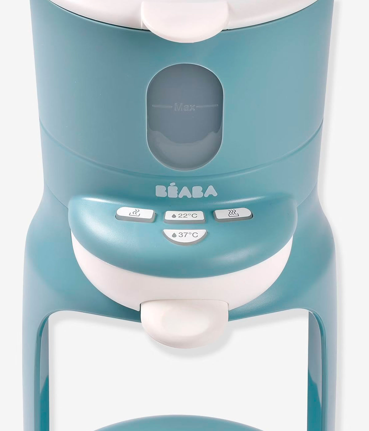 Vista frontal do aquecedor de água para biberões Bib'Expresso da Béaba na cor Baltic Blue (azul). Prático aparelho que aquece rapidamente a água à temperatura ideal em apenas 30 segundos, com funcionamento intuitivo e utilização com uma só mão, permitindo preparar biberões de forma simples e precisa. Inclui ainda função banho-maria para aquecer biberões já preparados e boiões de comida, num design compacto e fácil de transportar.