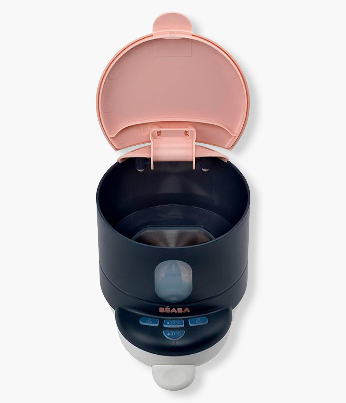 Vista de cima e aberto do aquecedor de água para biberões Bib'Expresso da Béaba na cor Night Blue (azul índigo).