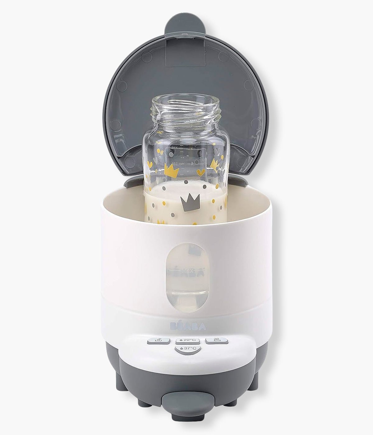 Vista frontal e aberto do aquecedor de água para biberões Bib'Expresso da Béaba na cor White Grey (branco e cinza). Prático aparelho que aquece rapidamente a água à temperatura ideal em apenas 30 segundos, com funcionamento intuitivo e utilização com uma só mão, permitindo preparar biberões de forma simples e precisa. Inclui ainda função banho-maria para aquecer biberões já preparados e boiões de comida, num design compacto e fácil de transportar.