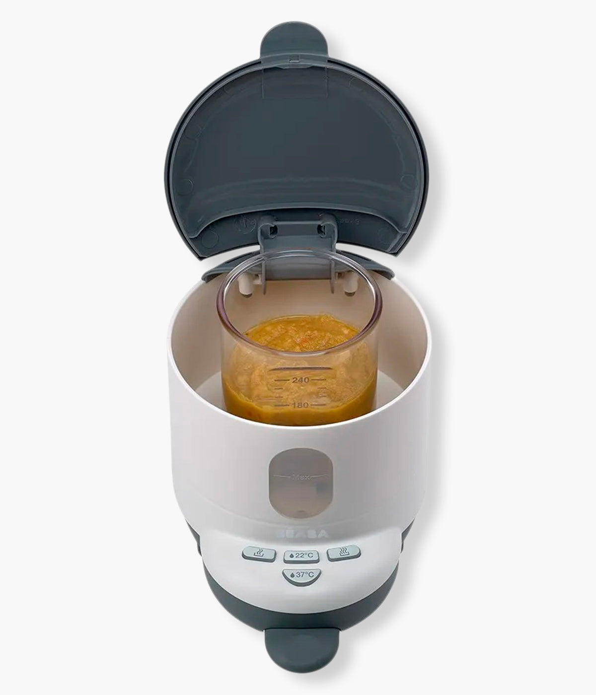 Vista de cima e aberto do aquecedor de água para biberões Bib'Expresso da Béaba na cor White Grey (branco e cinza).