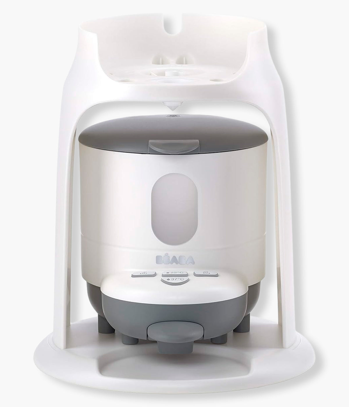 Vista frontal do aquecedor de água para biberões Bib'Expresso da Béaba na cor White Grey (branco e cinza).