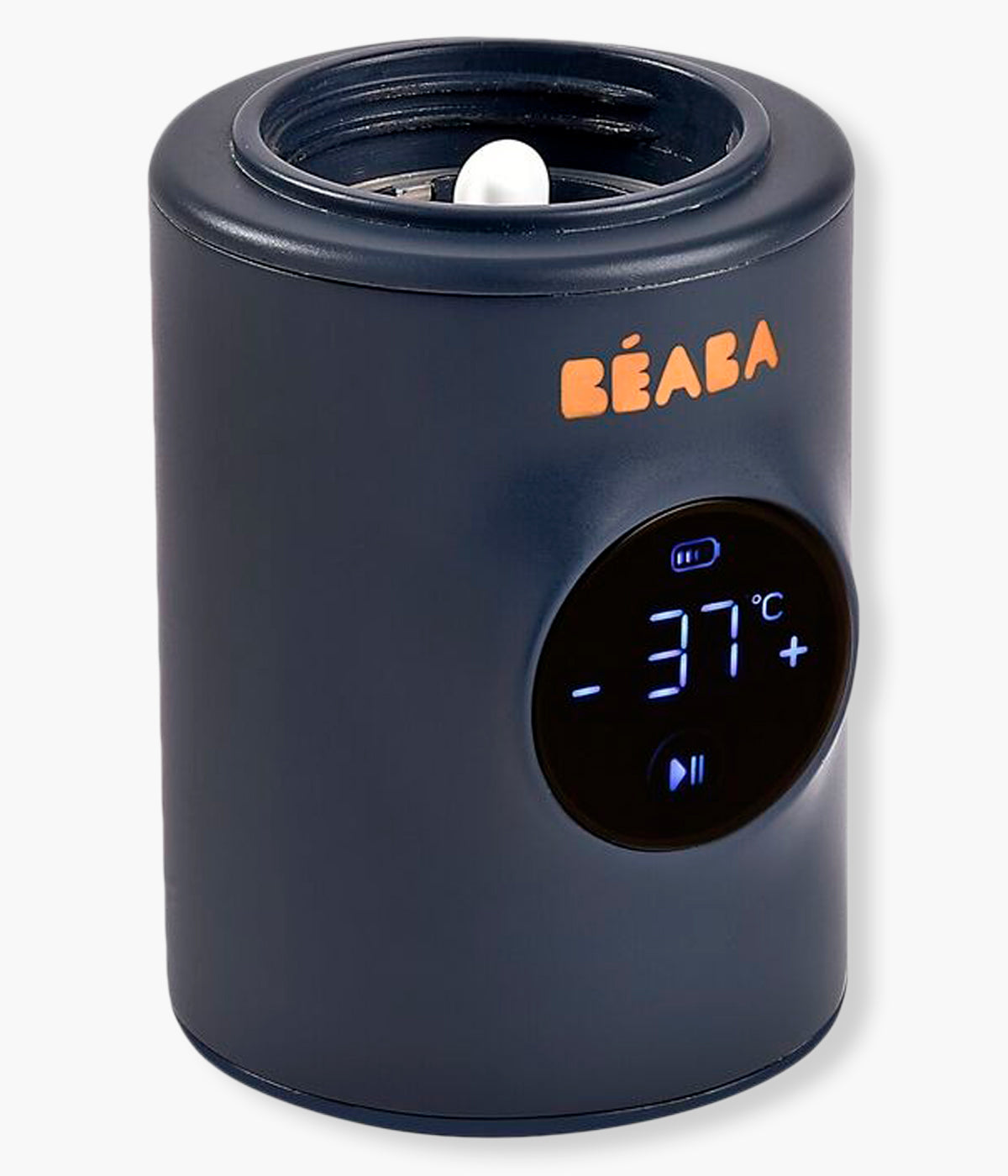 Aquecedor de biberões portátil Milk Nomad da Béaba na cor O Milk Nomad Night Blue (azul índigo) aberto e sem qualquer acessório.