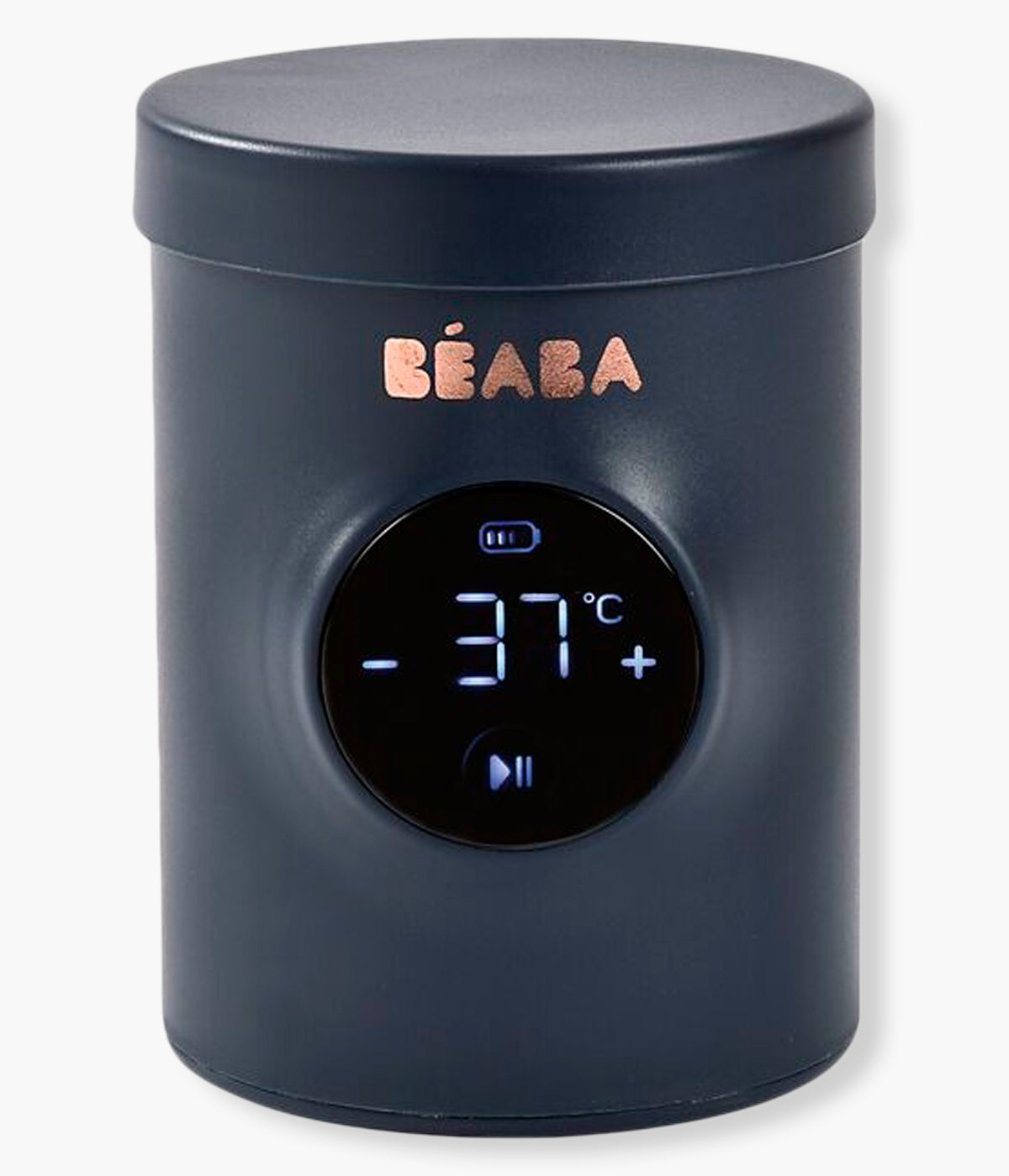 Vista frontal do aquecedor de biberões portátil Milk Nomad da Béaba na cor O Milk Nomad Night Blue (azul índigo).