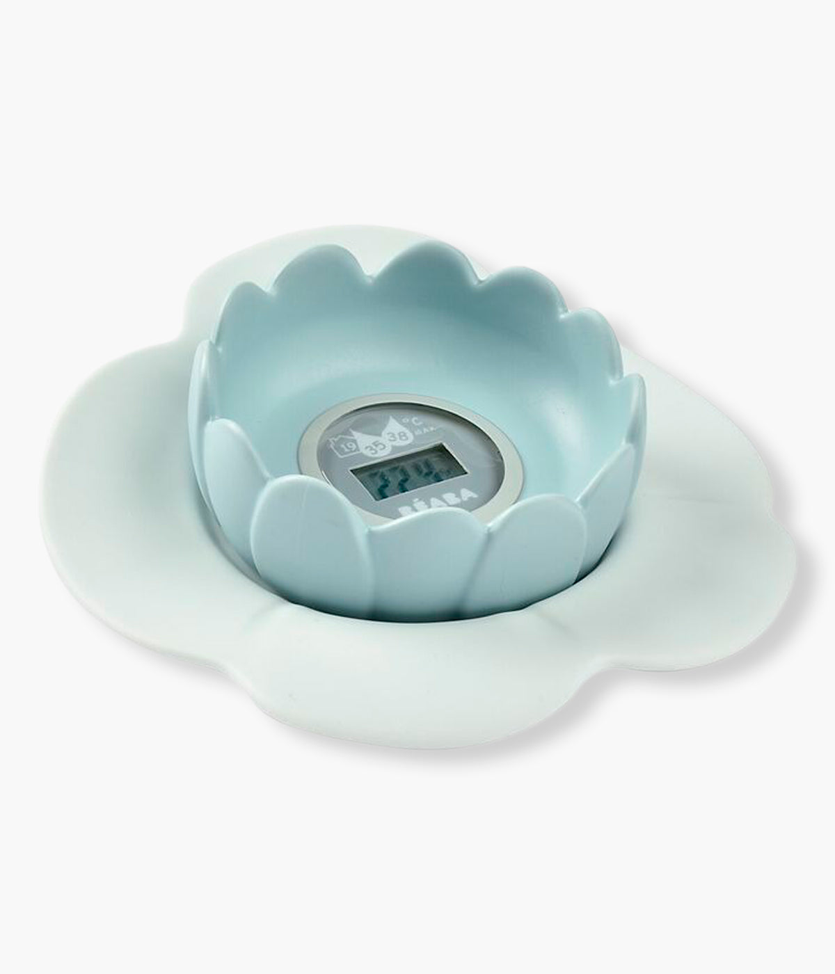 Vista lateral do termómetro Digital de Banho e Ambiente Lotus da Béaba na cor Green Blue (azul e verde). Prático termómetro digital multifunções que mede a temperatura da água do banho e do ambiente, com design flutuante em forma de flor de lótus, seguro e fácil de utilizar.