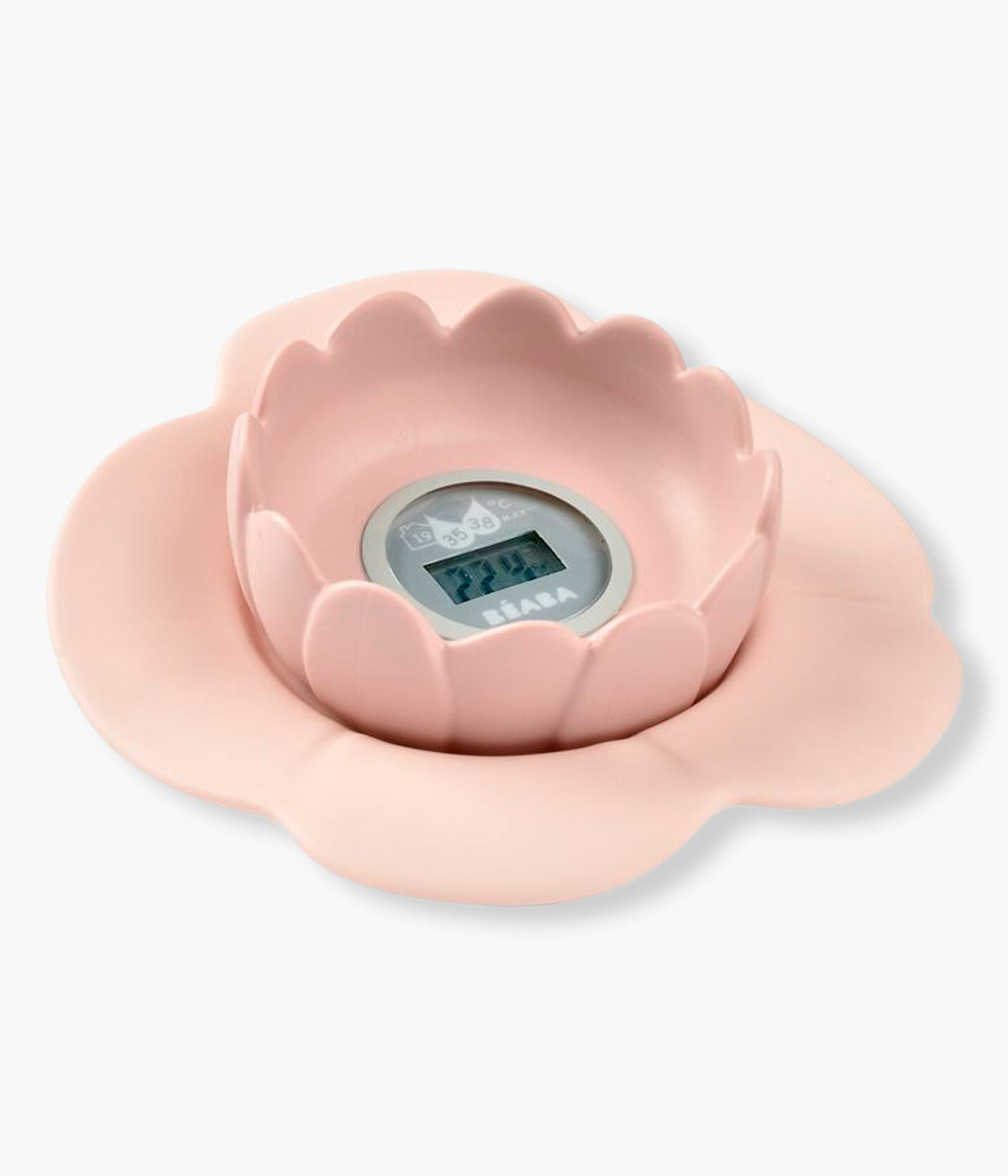 Termómetro Digital de Banho e Ambiente Lotus da Béaba na cor Old Pink (rosa). Prático termómetro digital multifunções que mede a temperatura da água do banho e do ambiente, com design flutuante em forma de flor de lótus, seguro e fácil de utilizar.