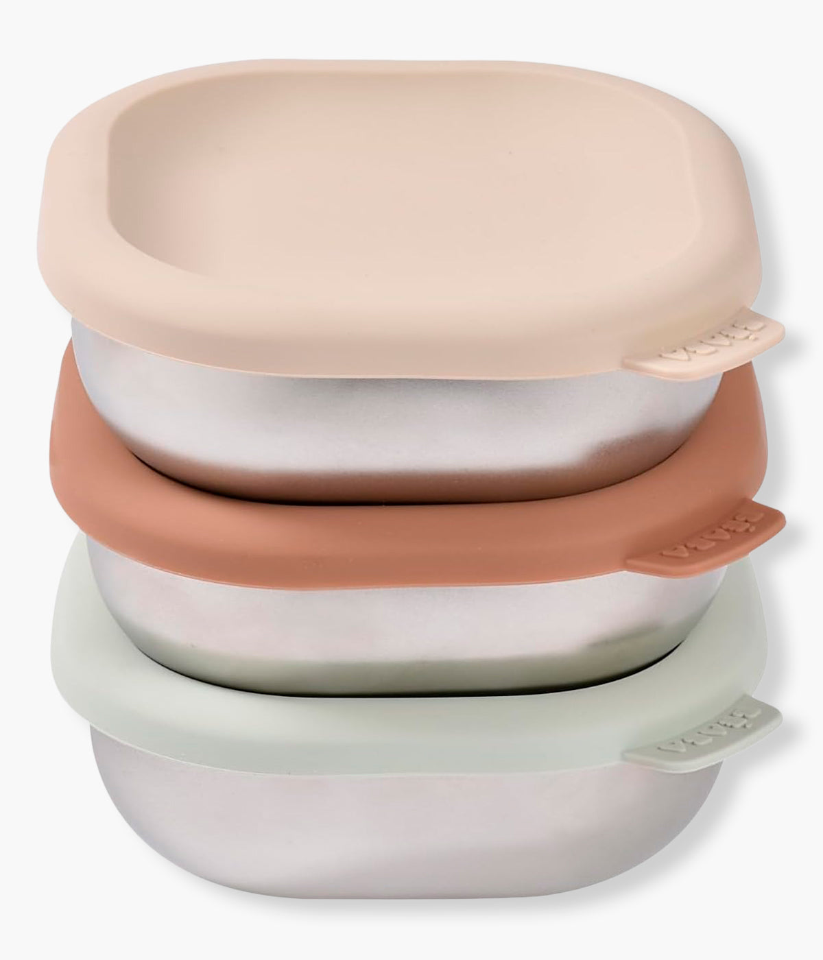 Vista frontal do conjunto de 3 recipientes de aço inoxidável com tampa de silicone da Béaba com capacidade para 250ml cada. Ideais para conservar, transportar e aquecer as refeições do bebé. Resistentes, herméticos e evolutivos, acompanham todas as fases da diversificação alimentar do bebé.