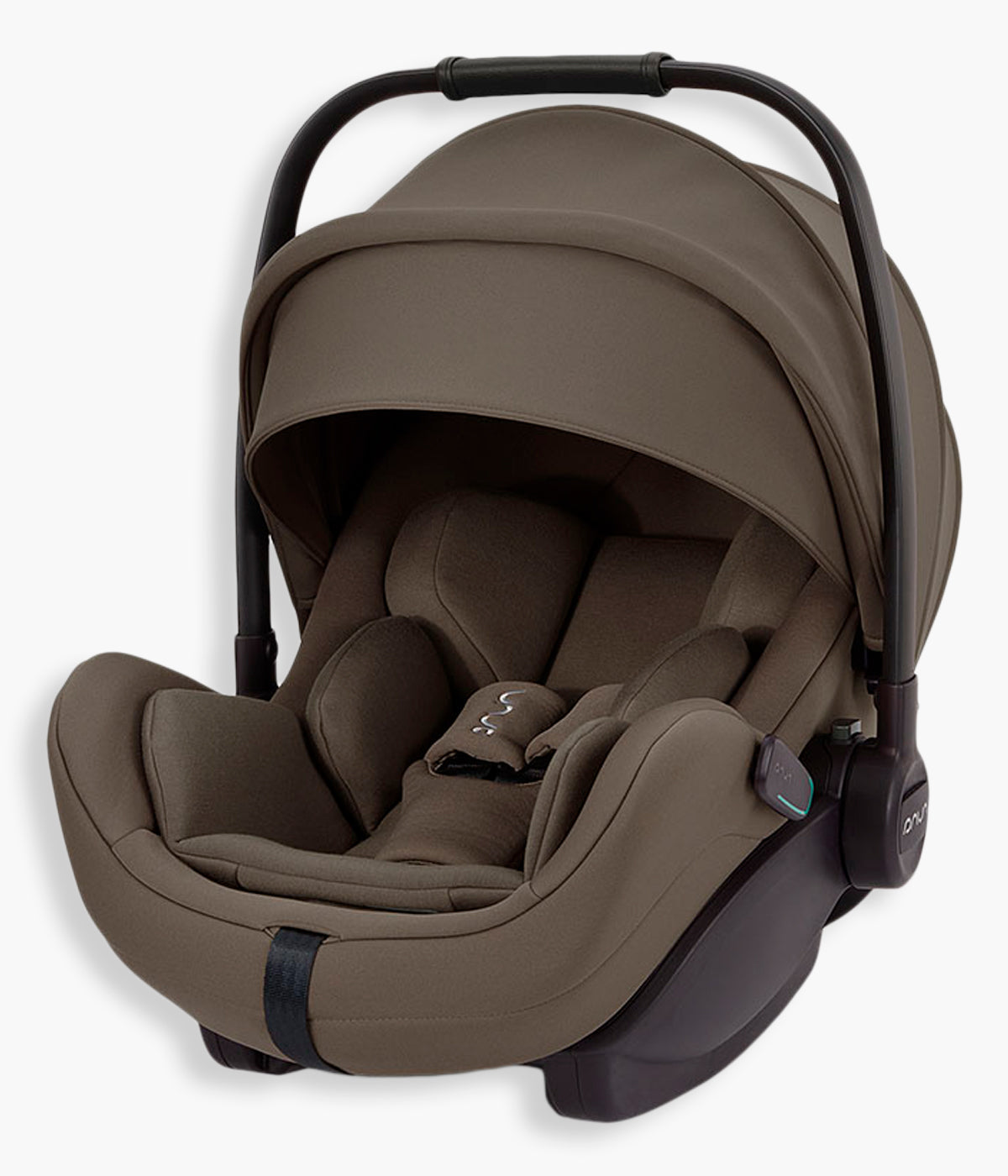 Vista lateral da babycoque para bebé Arra Flex da marca Nuna na cor Pistachio. Premium babycoque i-Size leve e reclinável, adequada desde o nascimento até aos 87cm. As três posições de reclinação, incluindo uma posição ergonómica de 157°, proporcionam maior conforto no automóvel, no avião e no carrinho de bebé.