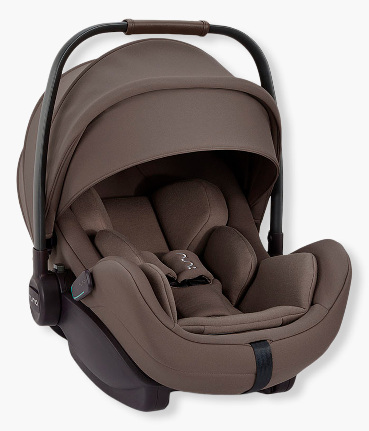 Vista lateral da babycoque para bebé Arra flex da marca Nuna na cor Chestnut. Premium babycoque i-Size leve e reclinável, adequada desde o nascimento até aos 87cm.
