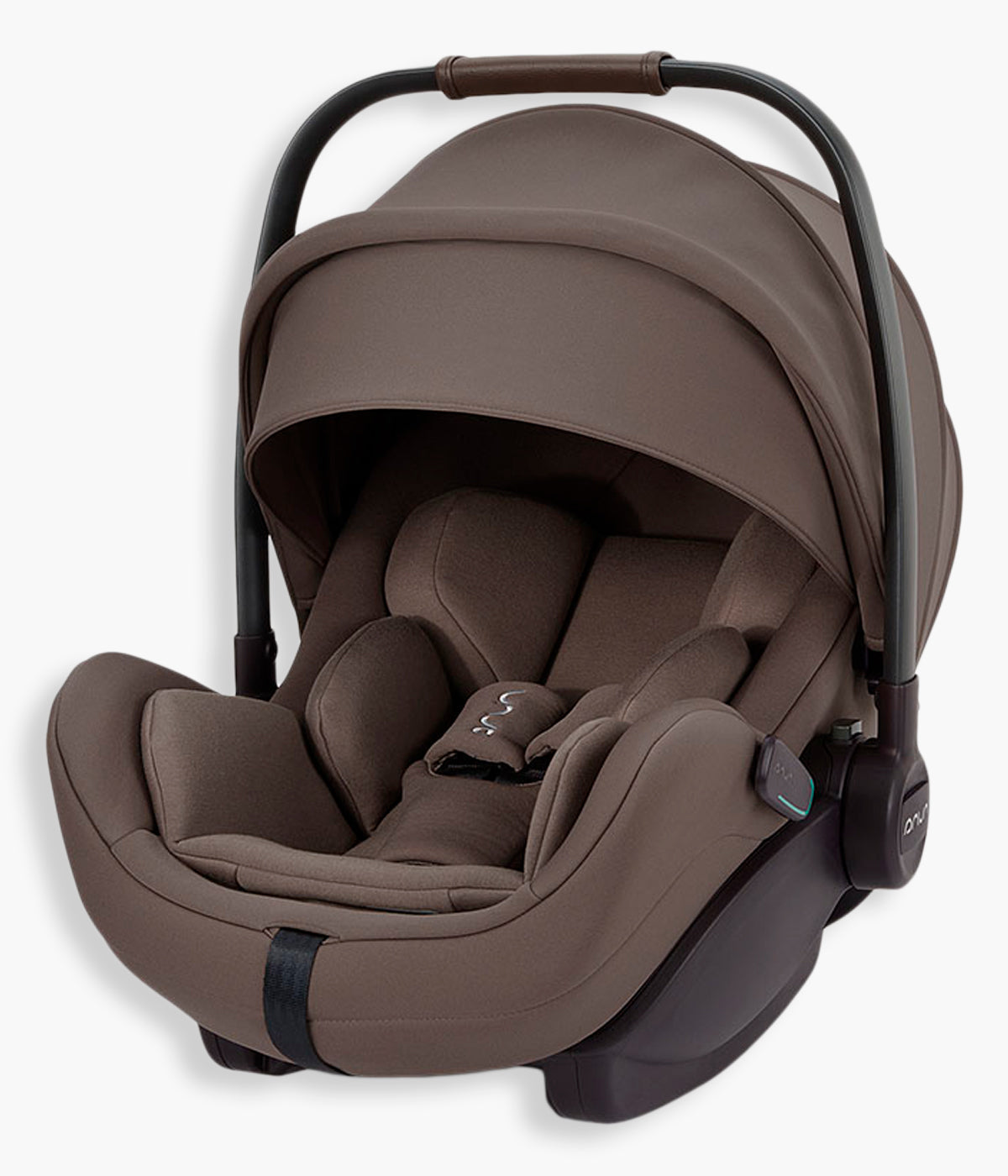 Vista lateral da babycoque para bebé Arra flex da marca Nuna na cor Chestnut. Premium babycoque i-Size leve e reclinável, adequada desde o nascimento até aos 87cm.