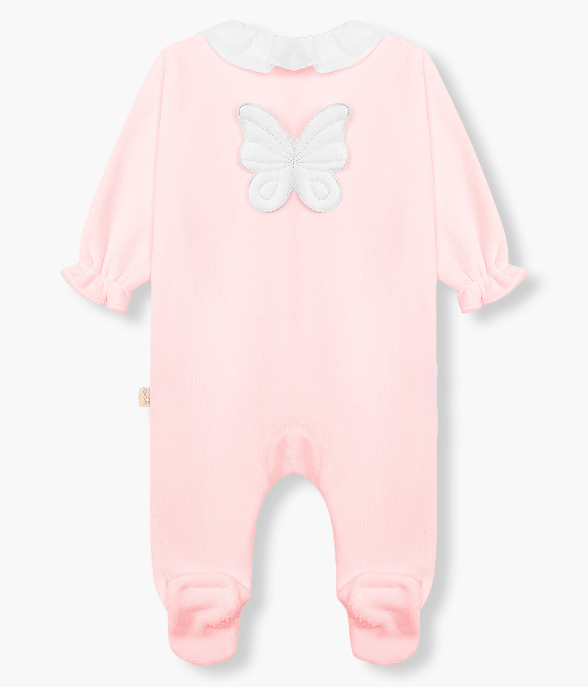 Vista traseira do babygrow em veludo rosa da Baby Gi para bebé menina e recém-nascida. Gola redonda cortada branca. Suaves aas de borboleta nas costas. Abertura na frente e entrepernas.