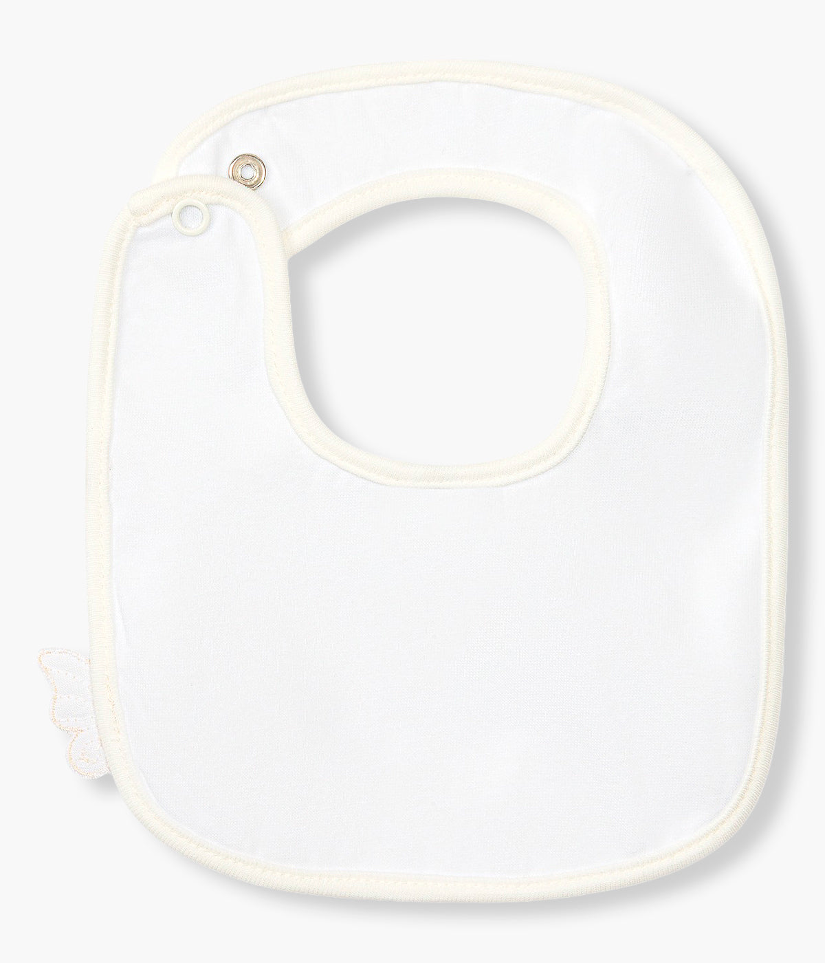 Vista forro da babete pérola da Baby Gi para bebé menina e recém-nascida, 100% algodão. Elegante babete de formato quadrado com pequena borboleta em branco no canto.