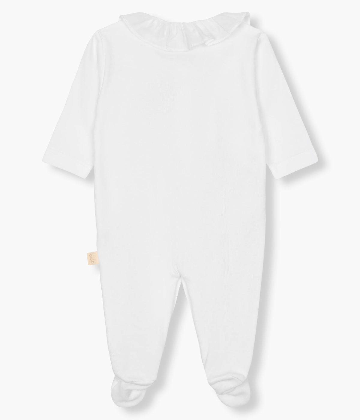 Vista das costas do babygrow em veludo branco da Baby Gi para bebé menina e recém-nascida. Gola folho e abertura com picueta em rosa na abertura. Cavalo bordado no peito. Abertura com molas de pressão na frente e entrepernas.