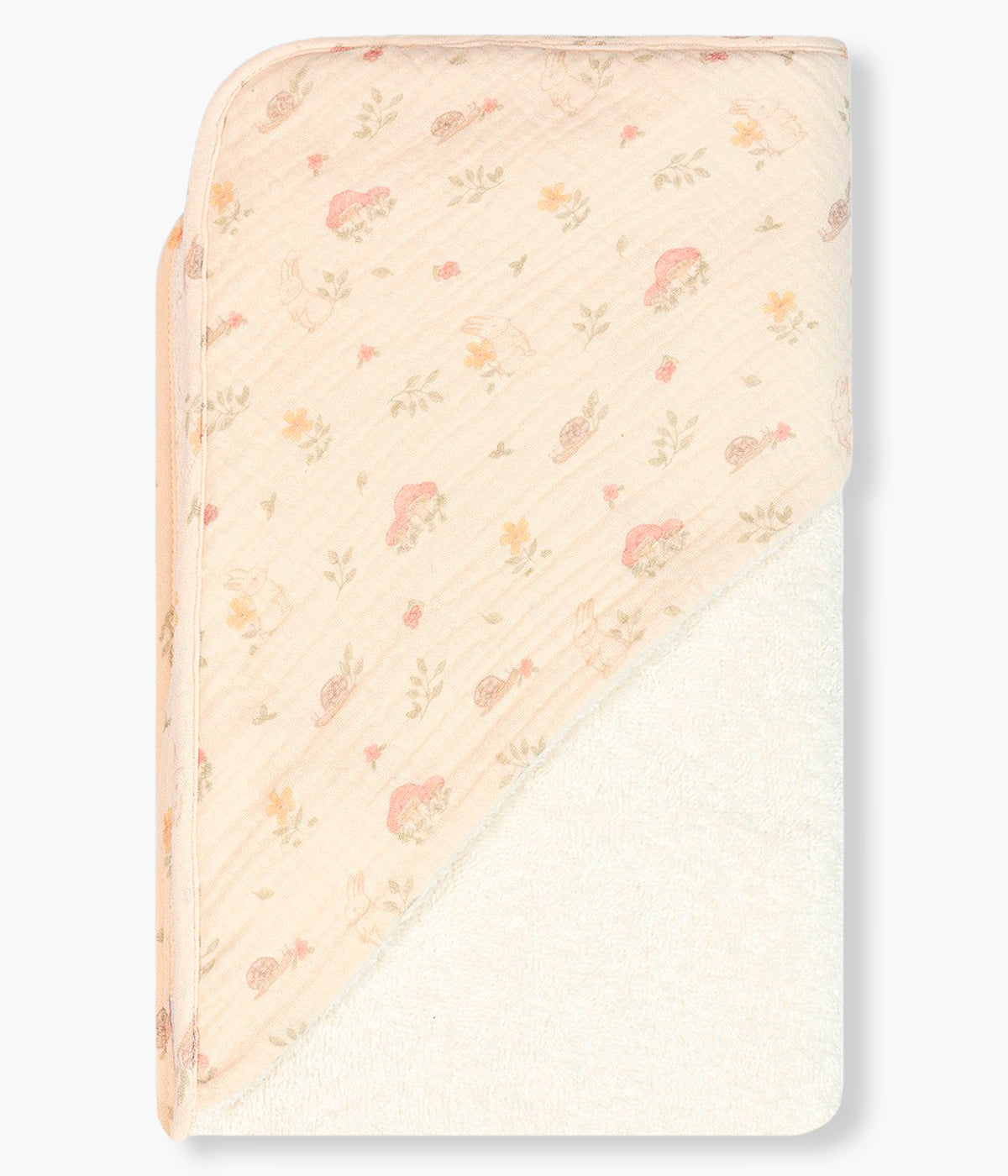 Vista frontal da toalha de banho da Baby Gi para bebé e recém-nascido(a), 100% algodão. Suave e absorvente toalha em turco pérola com carapuço bege com padrão bosque.