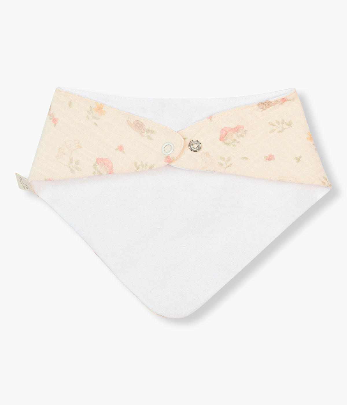Vista traseira da babete pérola da Baby Gi para bebé e recém-nascido(a), 100% algodão. Elegante babete de formato bandana com padrão bosque.