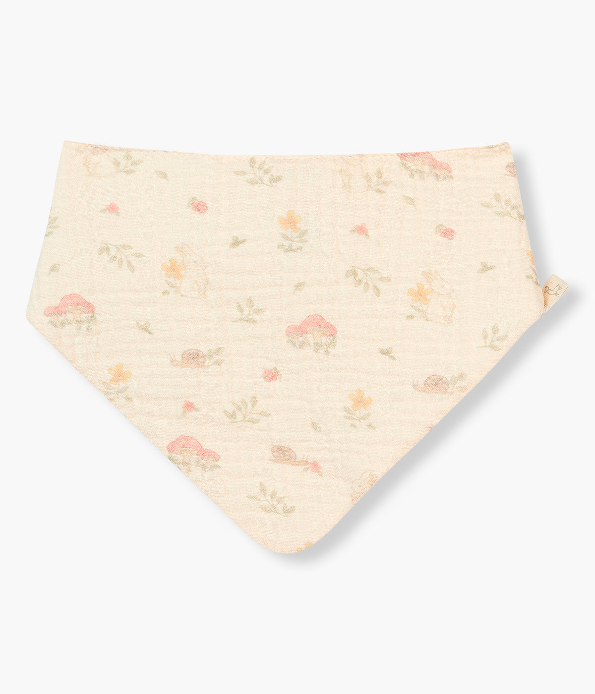 Vista frontal da babete pérola da Baby Gi para bebé e recém-nascido(a), 100% algodão. Elegante babete de formato bandana com padrão bosque.