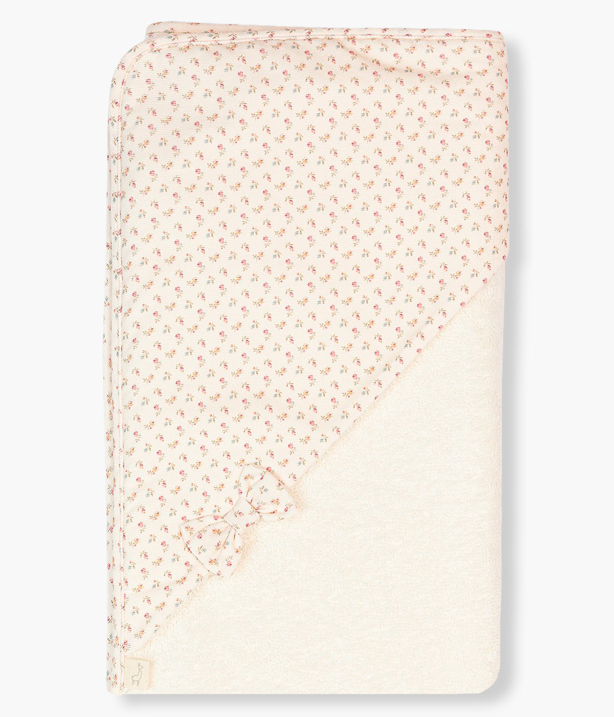 Vista frontal da toalha de banho da Baby Gi para bebé menina e recém-nascida, 100% algodão. Suave e absorvente toalha em turco pérola com carapuço no canto com padrão floral.
