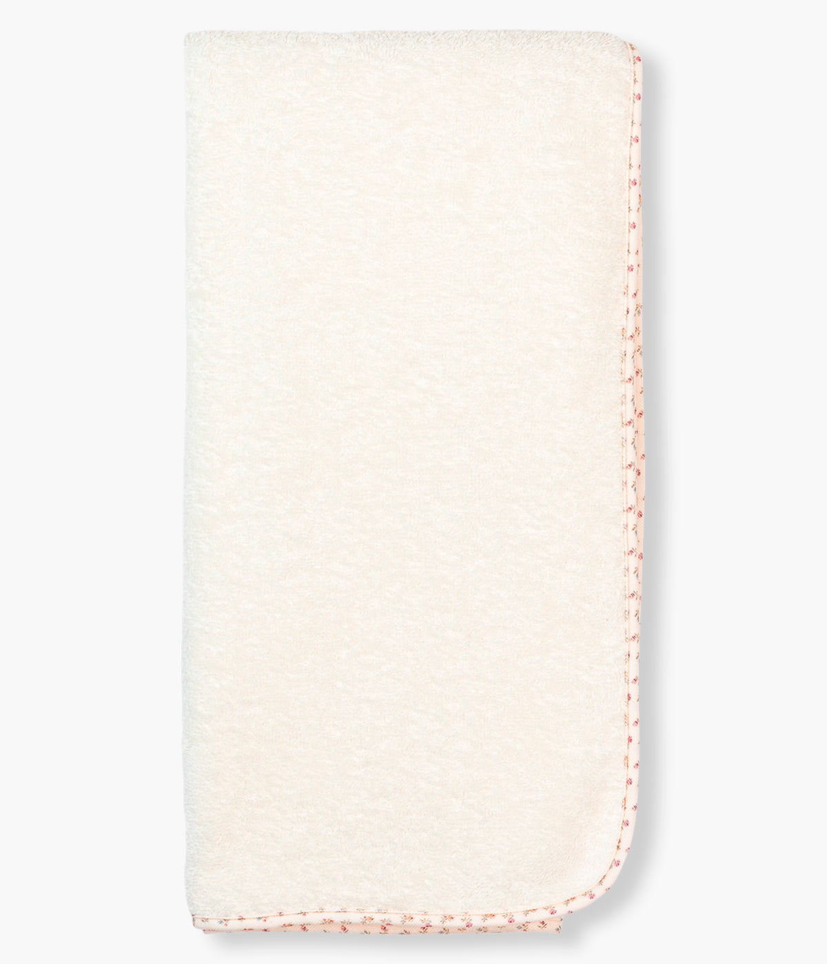 Vista traseira da toalha de banho da Baby Gi para bebé menina e recém-nascida, 100% algodão. Suave e absorvente toalha em turco pérola com carapuço no canto com padrão floral.