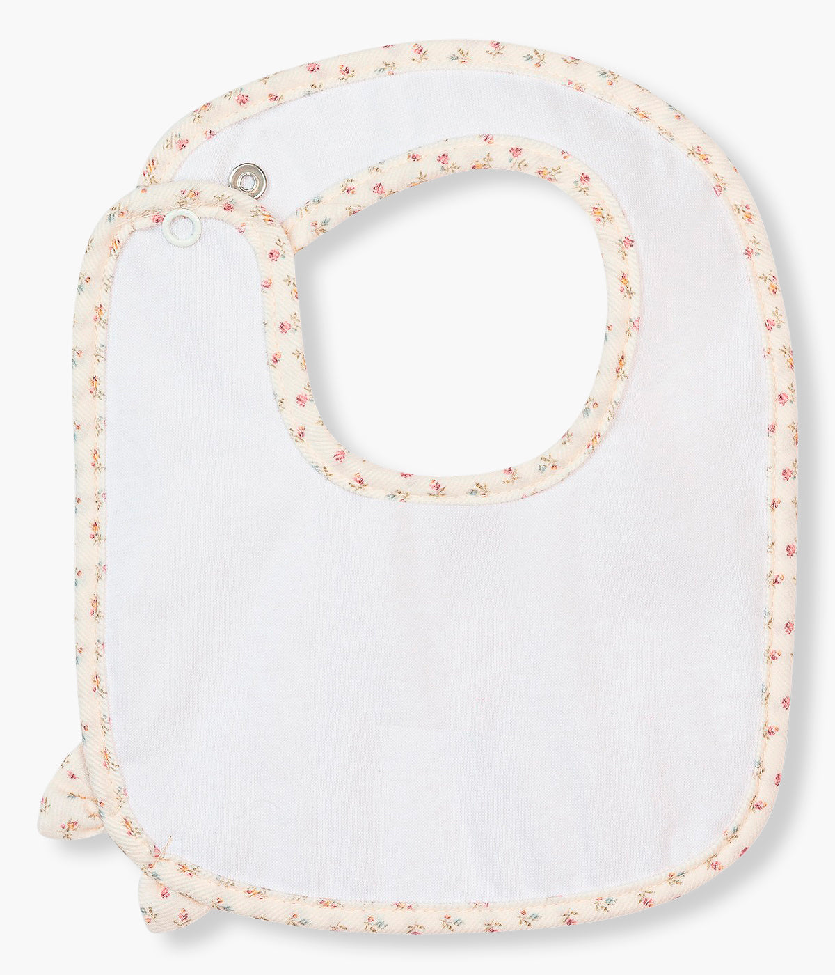 Vista traseira da babete pérola da Baby Gi para bebé menina e recém-nascida, 100% algodão. Elegante babete de formato quadrado com laço e contornos com padrão de pequenas flores.