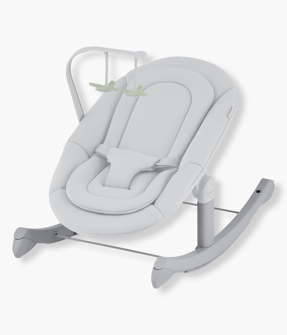 Vista lateral da base de baloiço para espreguiçadeira da cadeira evolutiva Ozy da marca Anex na cor Shade. A base de baloiço Anex Ozy Rocker transforma o assento de recém-nascido da cadeira evolutiva Anex Ozy numa confortável espreguiçadeira com movimento de balanço natural. Indicada desde o nascimento até aproximadamente aos 6 meses ou 9 kg, permite manter o bebé confortável e próximo da família durante os primeiros meses. Assento não incluído, vendido apenas a base de baloiço.