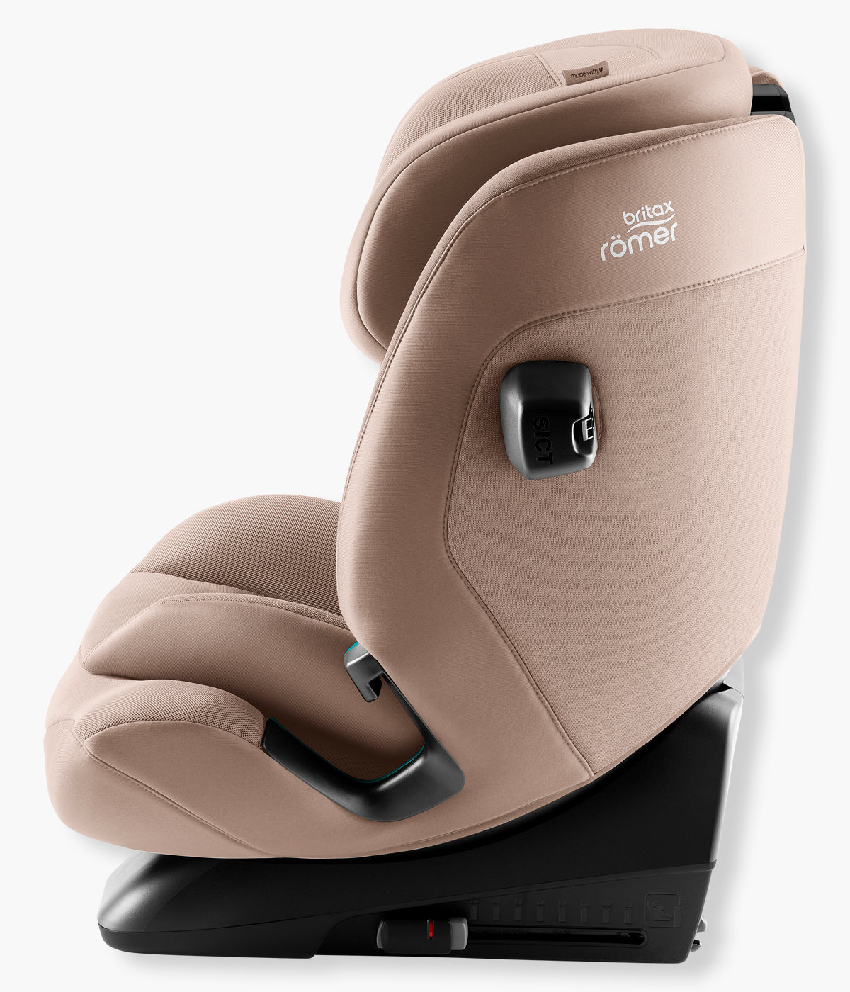 Vista lateral da cadeira auto evolutiva Advansafix Style da Britax Römer na cor Teak. Prática cadeira auto desenvolvida para acompanhar a criança durante vários anos, dos 76 aos 150 cm, aproximadamente dos 15 meses aos 12 anos.