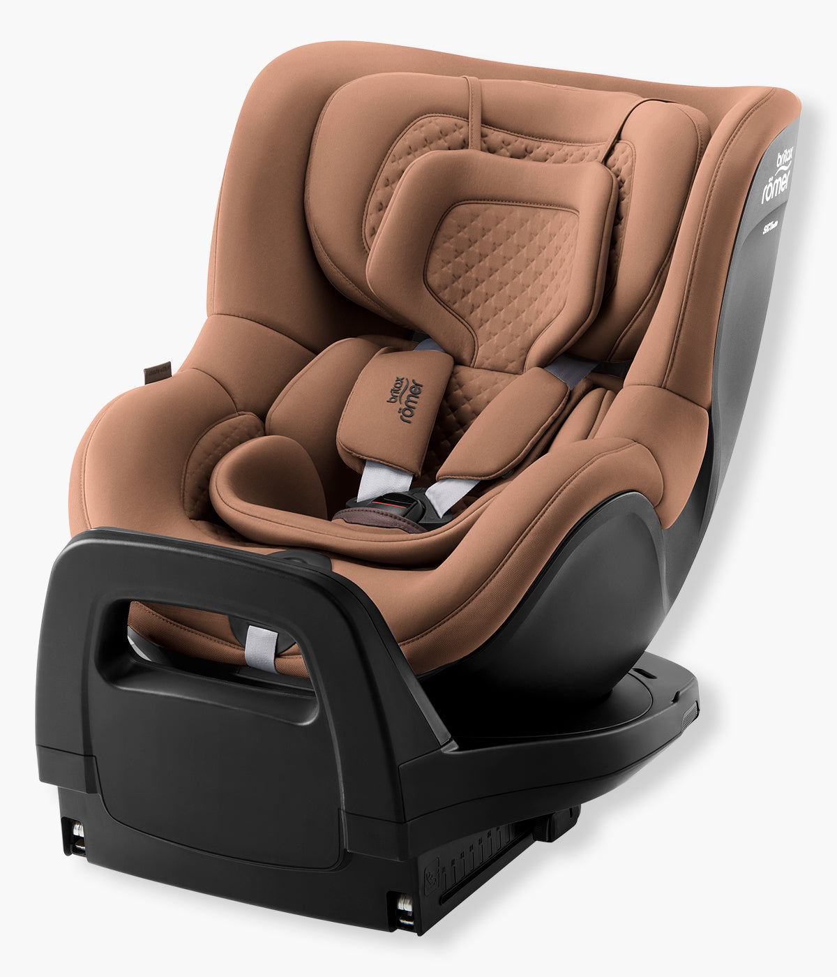 Cadeira auto rotativa i-Size Dualfix Pro M Lux da marca Britax Römer na cor Warm Caramel. Elegante cadeira auto que acompanha a criança aproximadamente dos 3 meses aos 4 anos, dos 61 aos 105 cm e até 19 kg.
