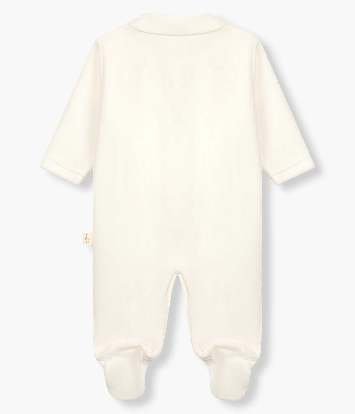 Vista costas do babygrow em veludo pérola da Baby Gi para bebé e recém-nascido(a). Gola redonda cortada. Balão de ar quente em tons de azul bordado no peito. Abertura com molas de pressão na frente e entrepernas.