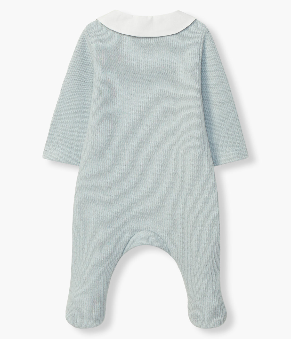 Vista traseira do babygrow em algodão cardado canelado azul acinzentado da Laranjinha para bebé e recém-nascido(a). Gola branca com delicado elefante bordado. Abertura na frente.