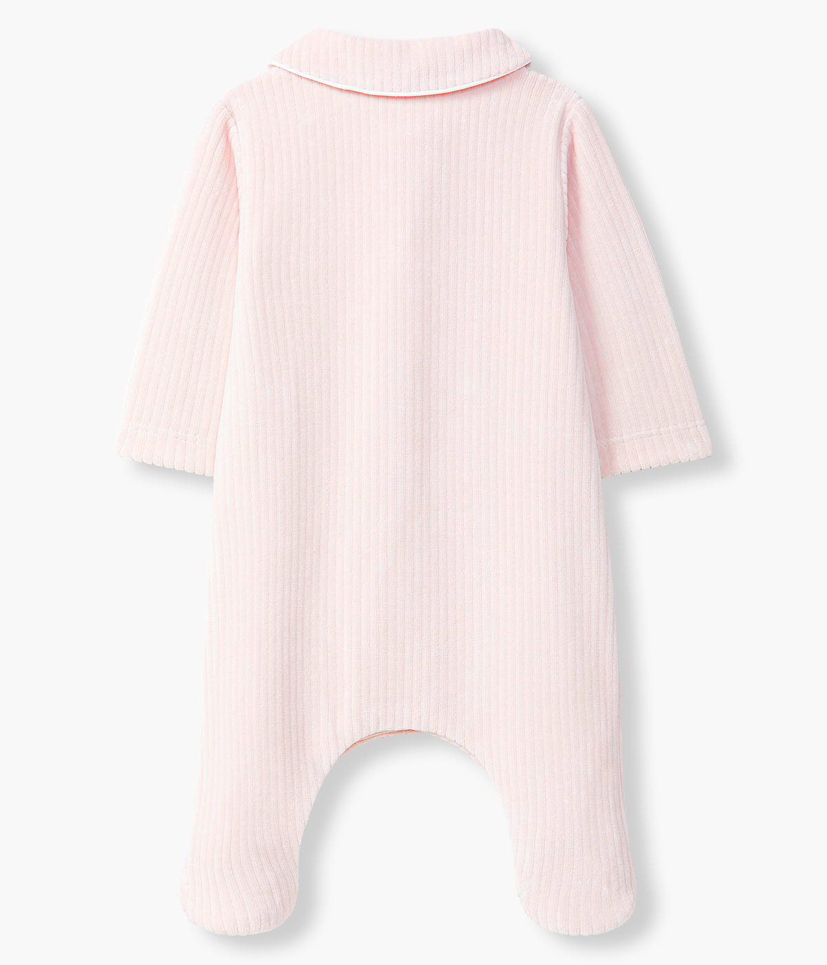 Vista traseira do babygrow em veludo canelado rosa da Laranjinha para bebé menina e recém-nascida. Gola redonda com detalhe de cordão. Botões decorativos. Abertura na frente.