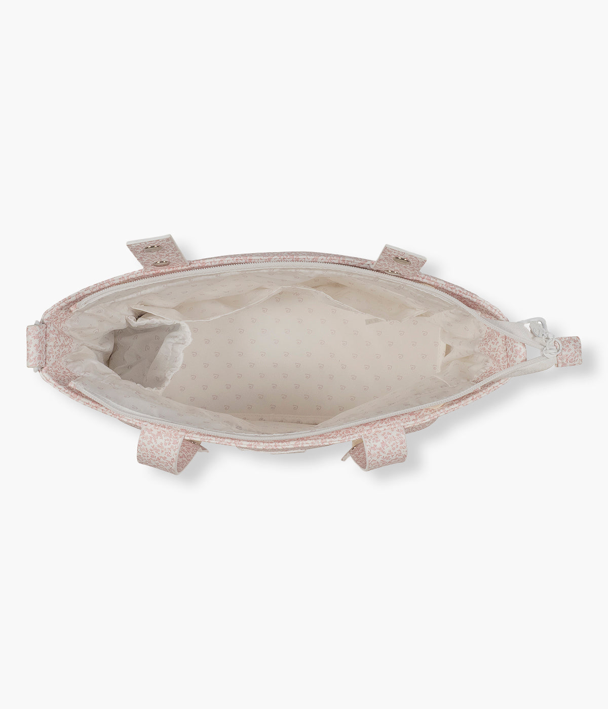 Vista do interior da bolsa de passeio Maison Tender da Pasito a Pasito com o padrão Flowers. Prática bolsa de design elegante com um padrão floral rosa e com um formato compacto e funcional para os passeios com a bebé.