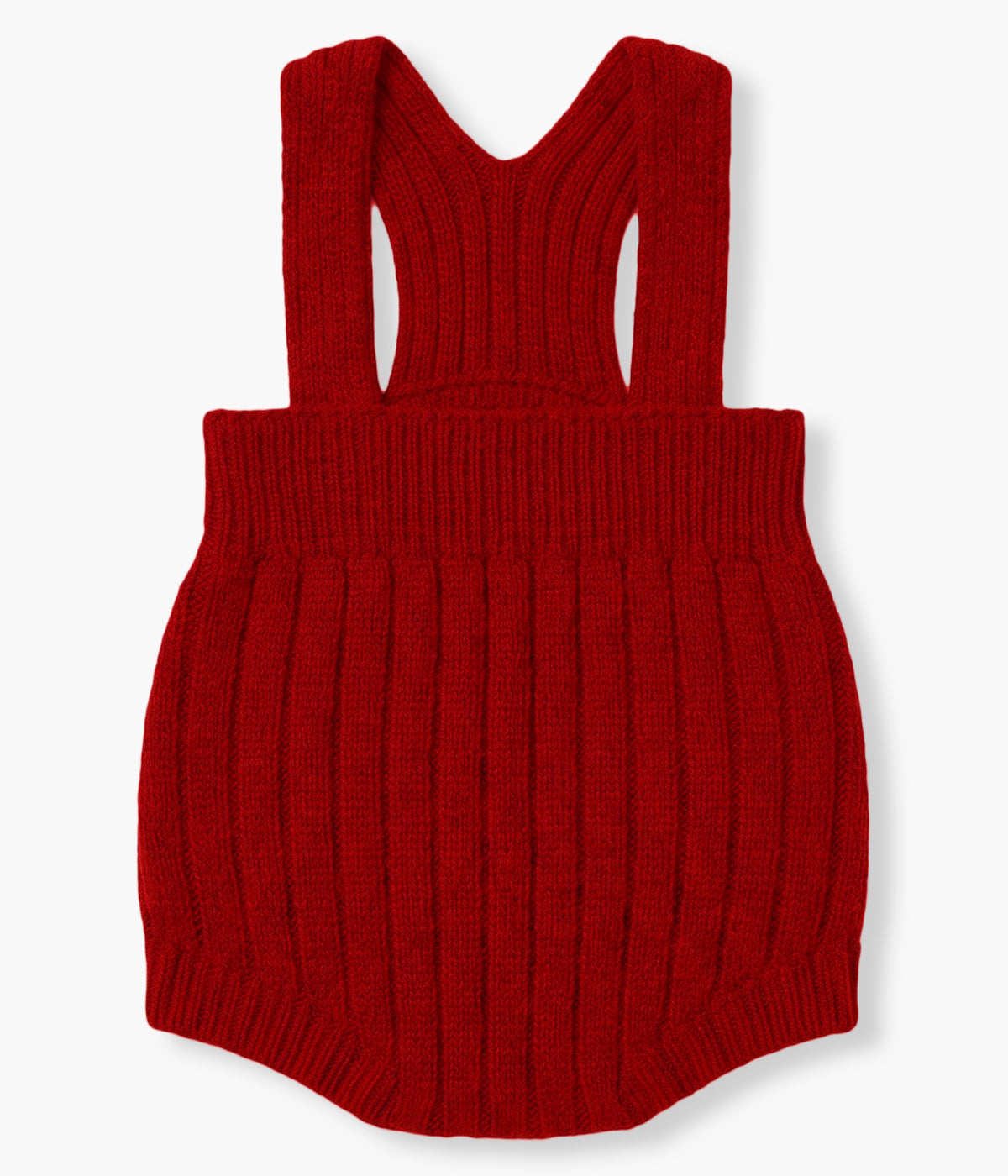 Vista costas do tapa fraldas tricotado em lã merino extrafina vermelho-escuro da Wedoble para bebé e recém-nascido(a). Quentinho tapa fraldas de alças com detalhes na malha. Abertura nas alças e entrepernas.