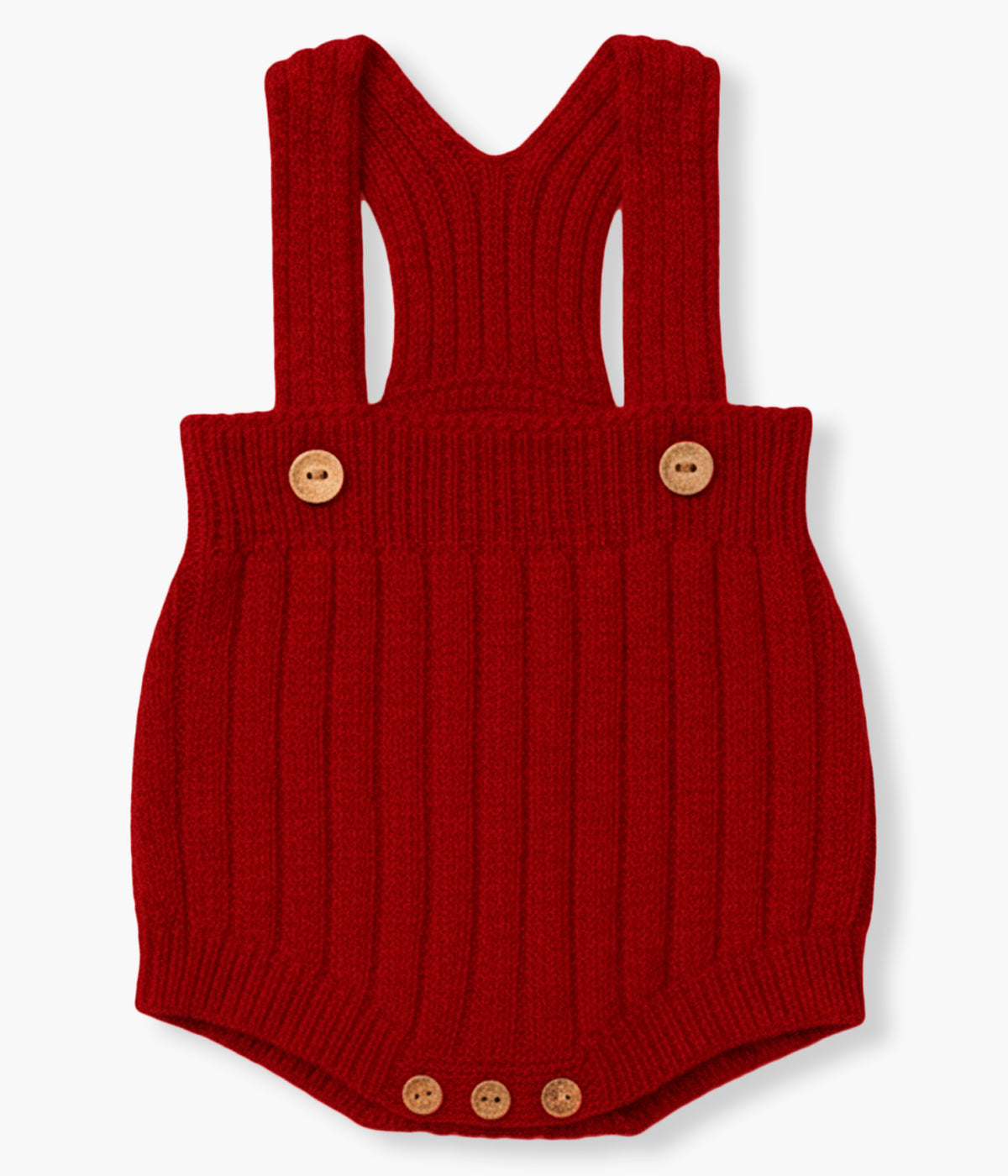 Vista frontal do tapa fraldas tricotado em lã merino extrafina vermelho-escuro da Wedoble para bebé e recém-nascido(a). Quentinho tapa fraldas de alças com detalhes na malha. Abertura nas alças e entrepernas.