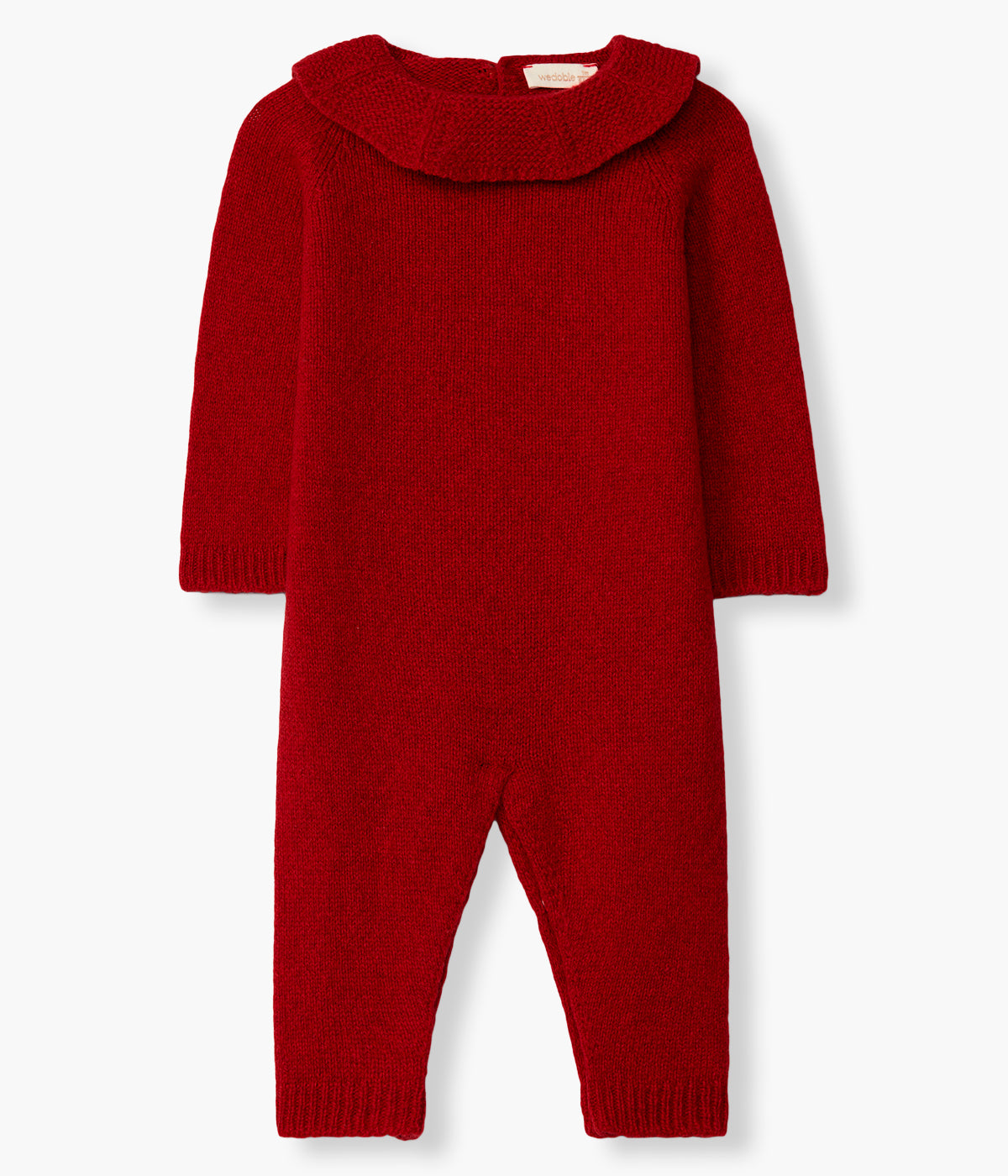 Vista frontal do babygrow tricotado em lã merino extrafina vermelho-escuro da Wedoble para bebé e recém-nascido(a). Quentinho babygrow sem pés com gola folho. Abertura nas costas e entrepernas.